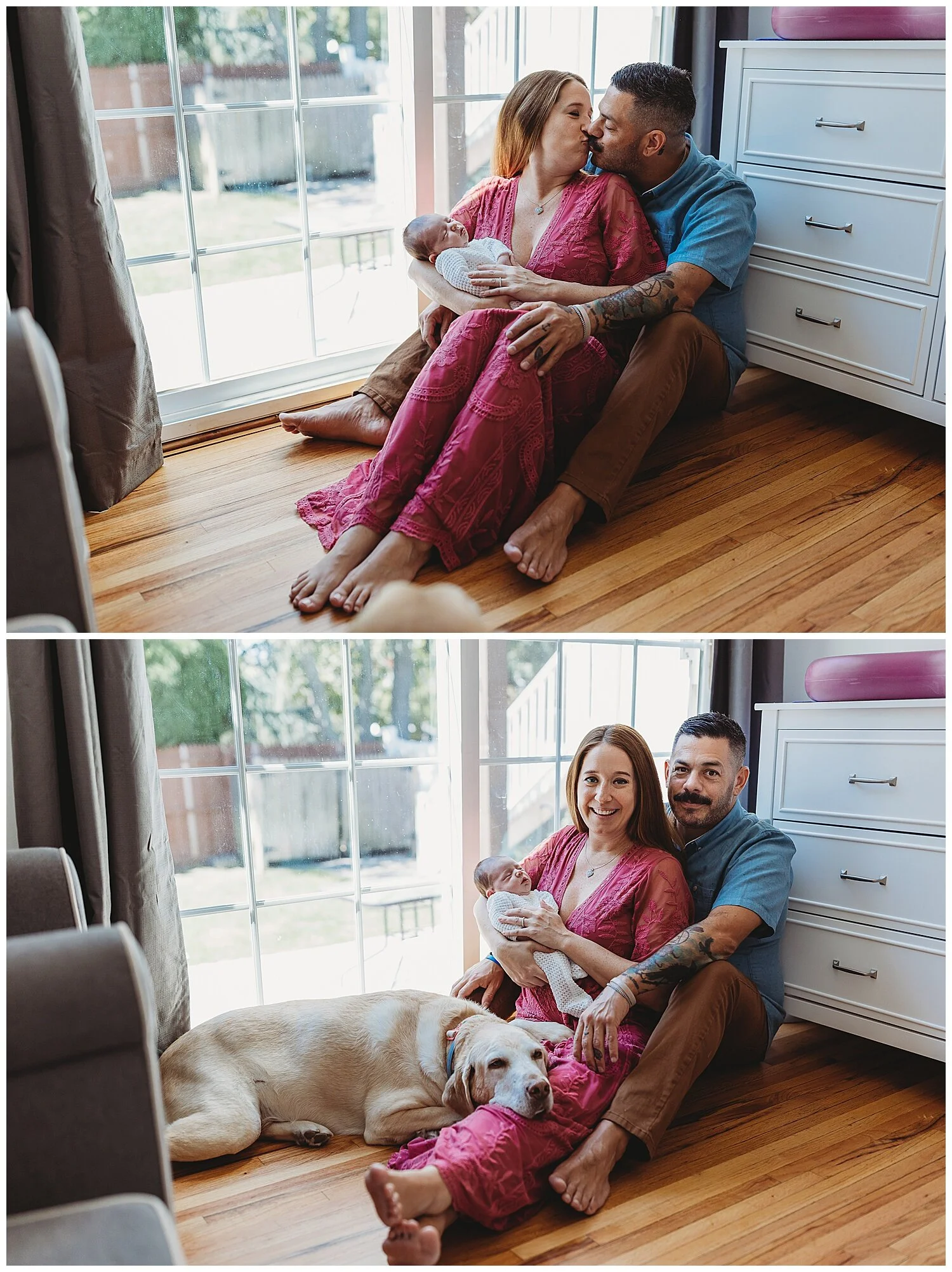 Parents holding newborn baby with family dog during Ponte Vedra lifestyle newborn session