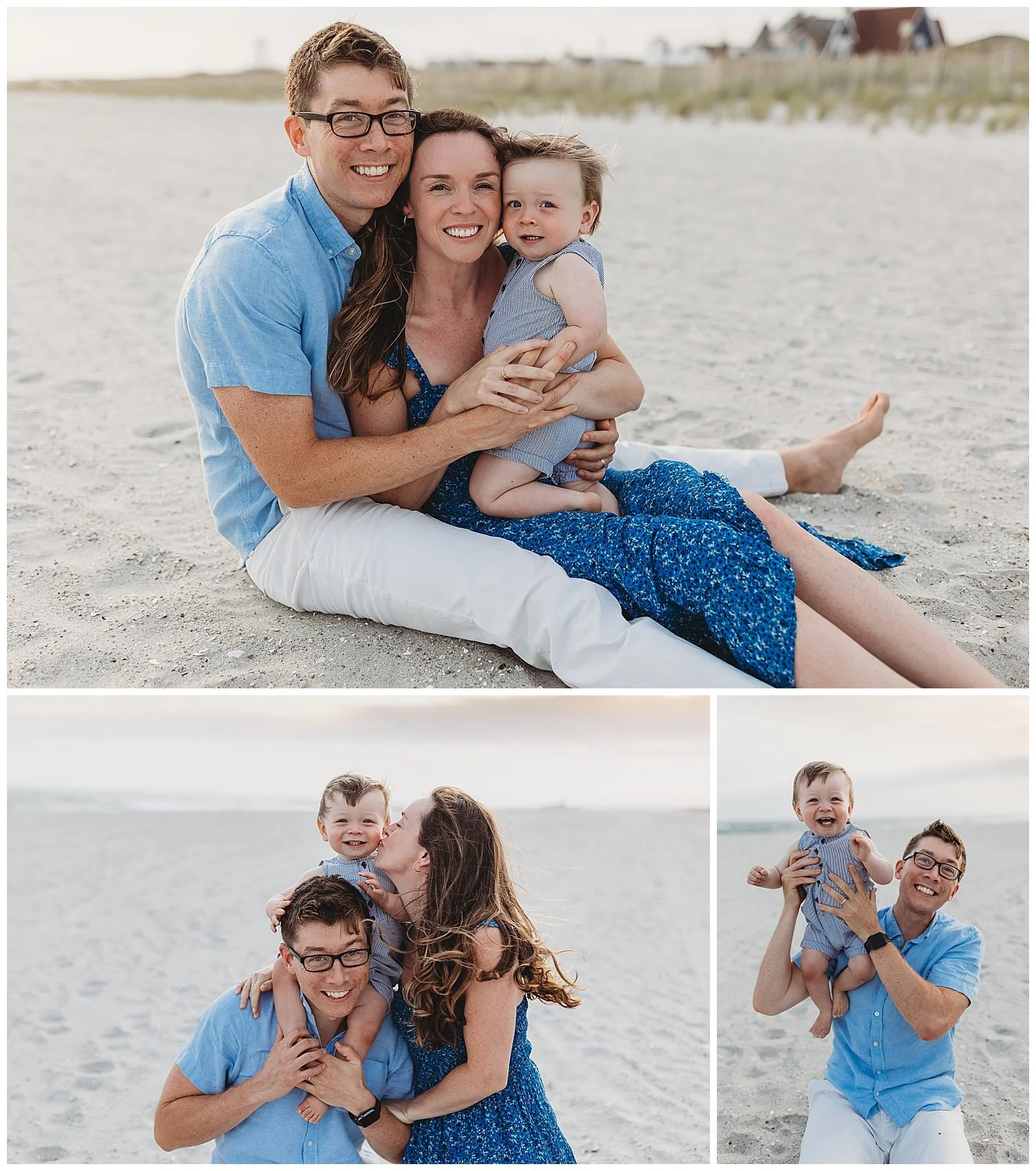 family seated on sand beach hugging with baby on lap laughing