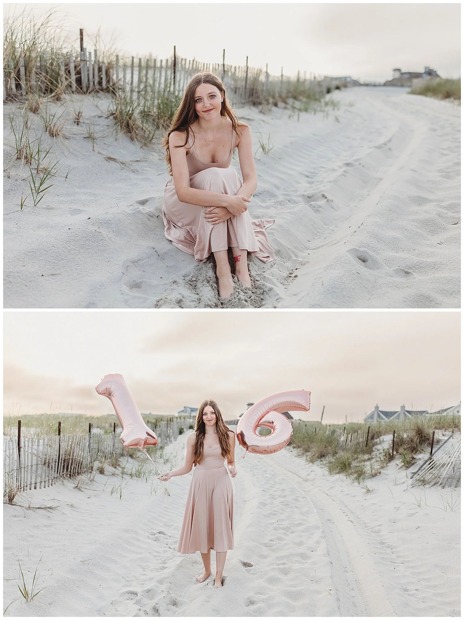 teen girl in pink dress in the dunes at the beach seated on the sand and smiling