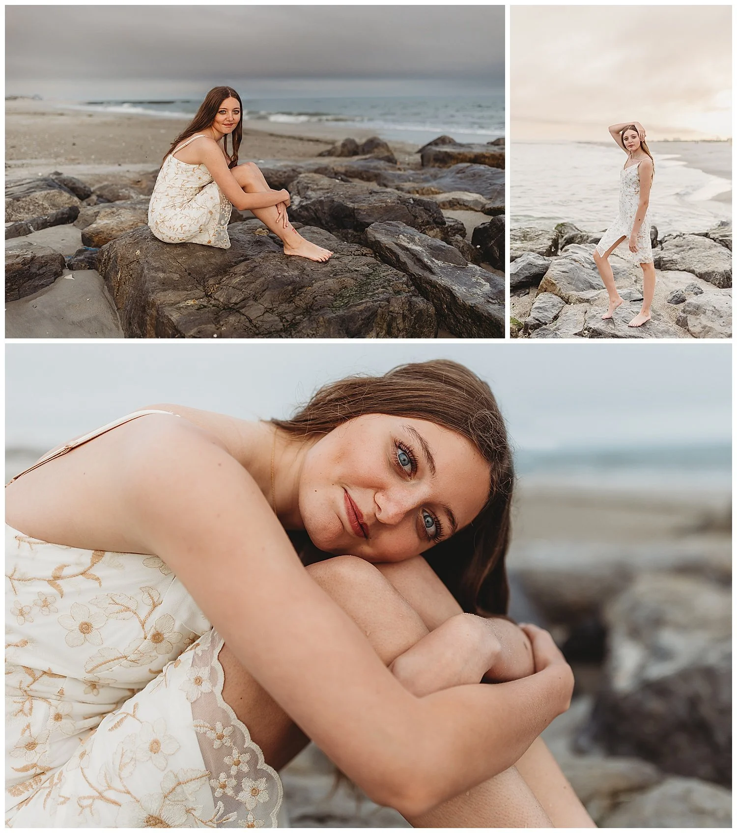 teen girl seated on the jetty on the beach at sunset with moody clouds behind her and a sunset on the other side