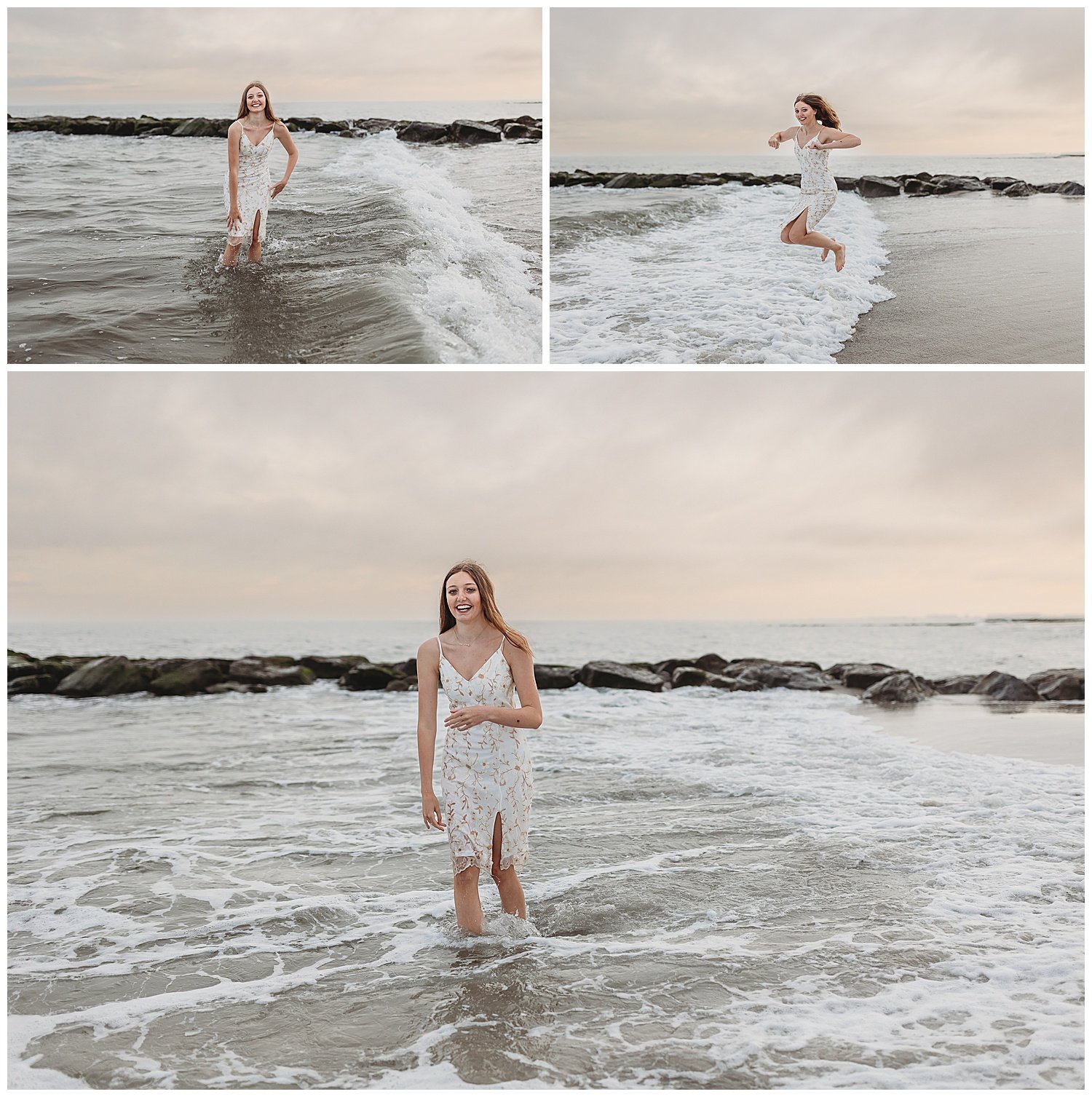 teen girl in white embroidered dress jumping over waves at sunset on the beach