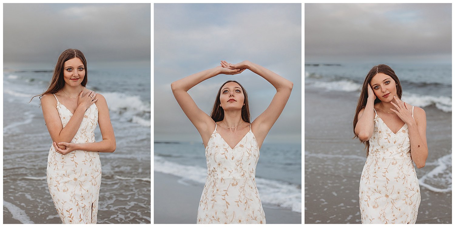 artistic closeups of a teen girl in the ocean at sunset