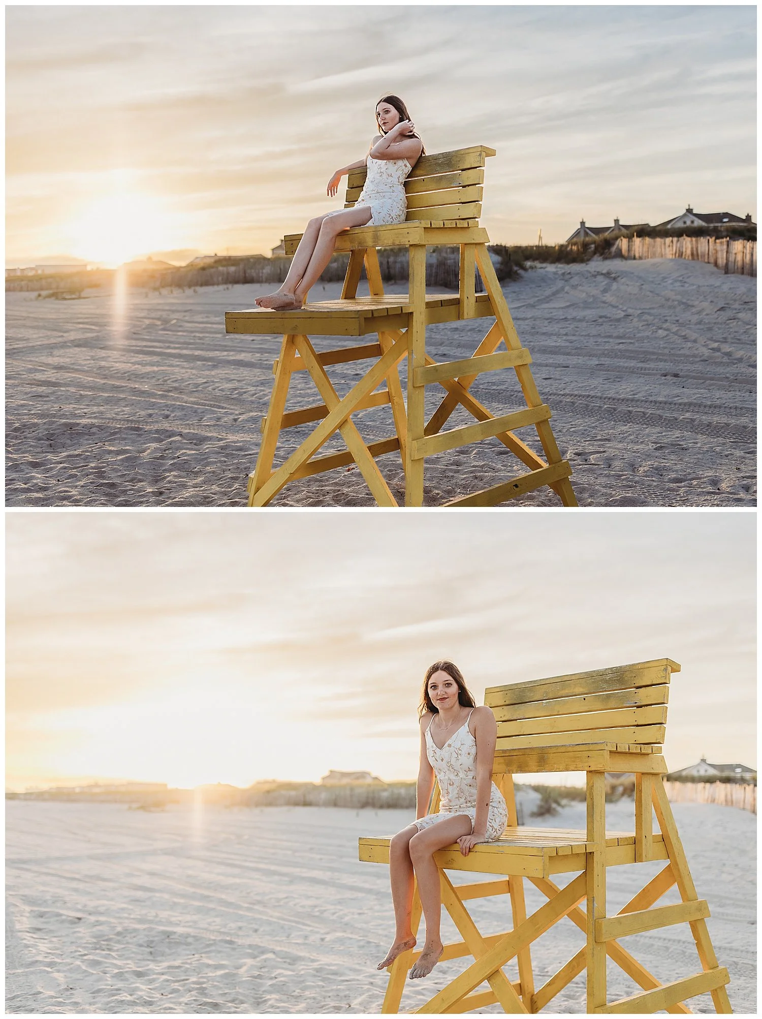 teenage girl in white embroidered dress seated on a yellow lifeguard stand at sunset adjusting her hair and looking out at the ocean