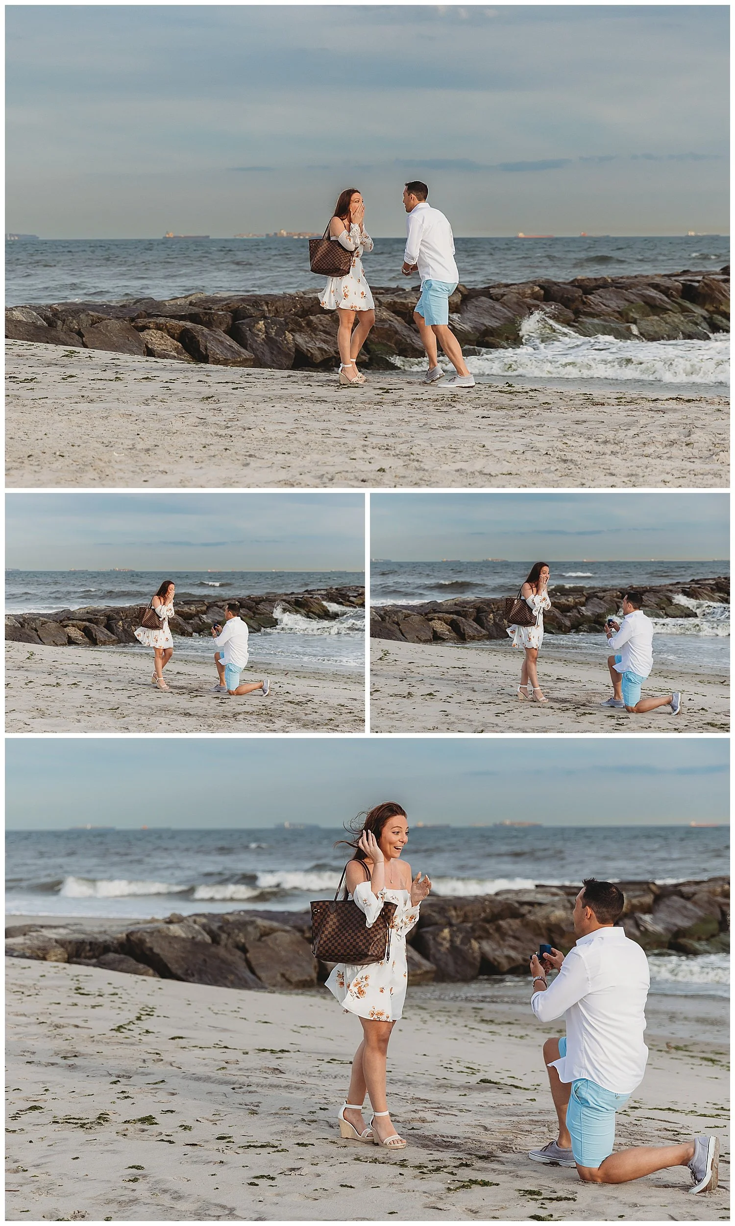 man in blue shorts and white shirt proposaing to his girlfriend at Neptune beach at sunset and girlfriend is in shock with hand over her mouth and they are in front of a jetty
