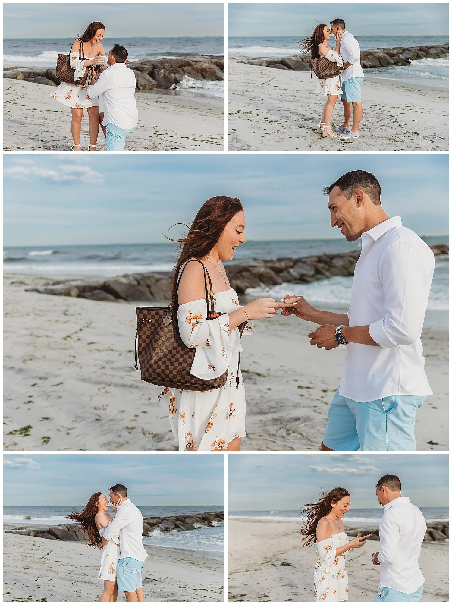 man in blue shorts and white shirt on his knee with a blue velvet ring box proposing to his girlfriend on Neptune beach at sunset in front of a jetty