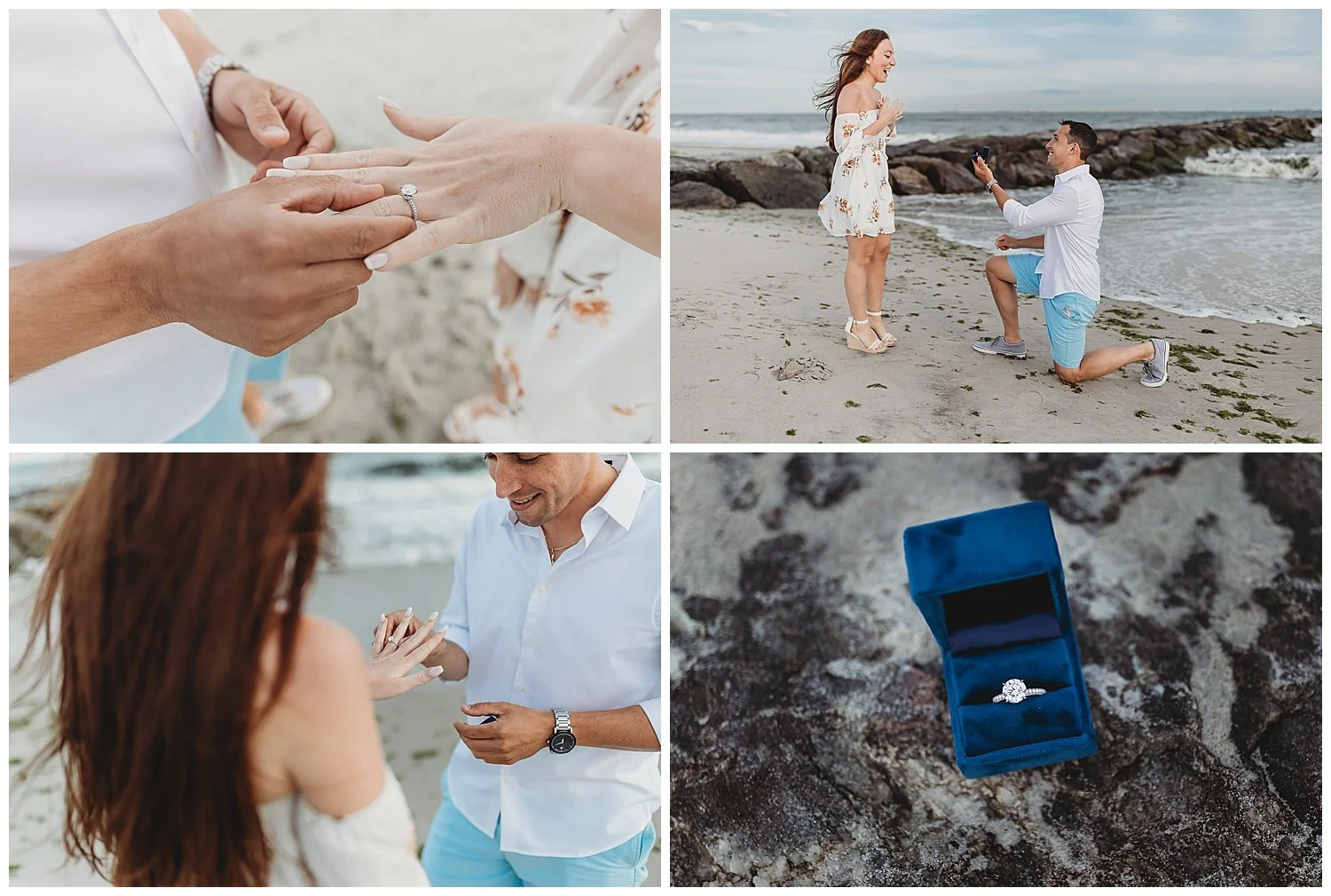 close up image of man putting engagement ring on girlfriend's hand on a florida beach