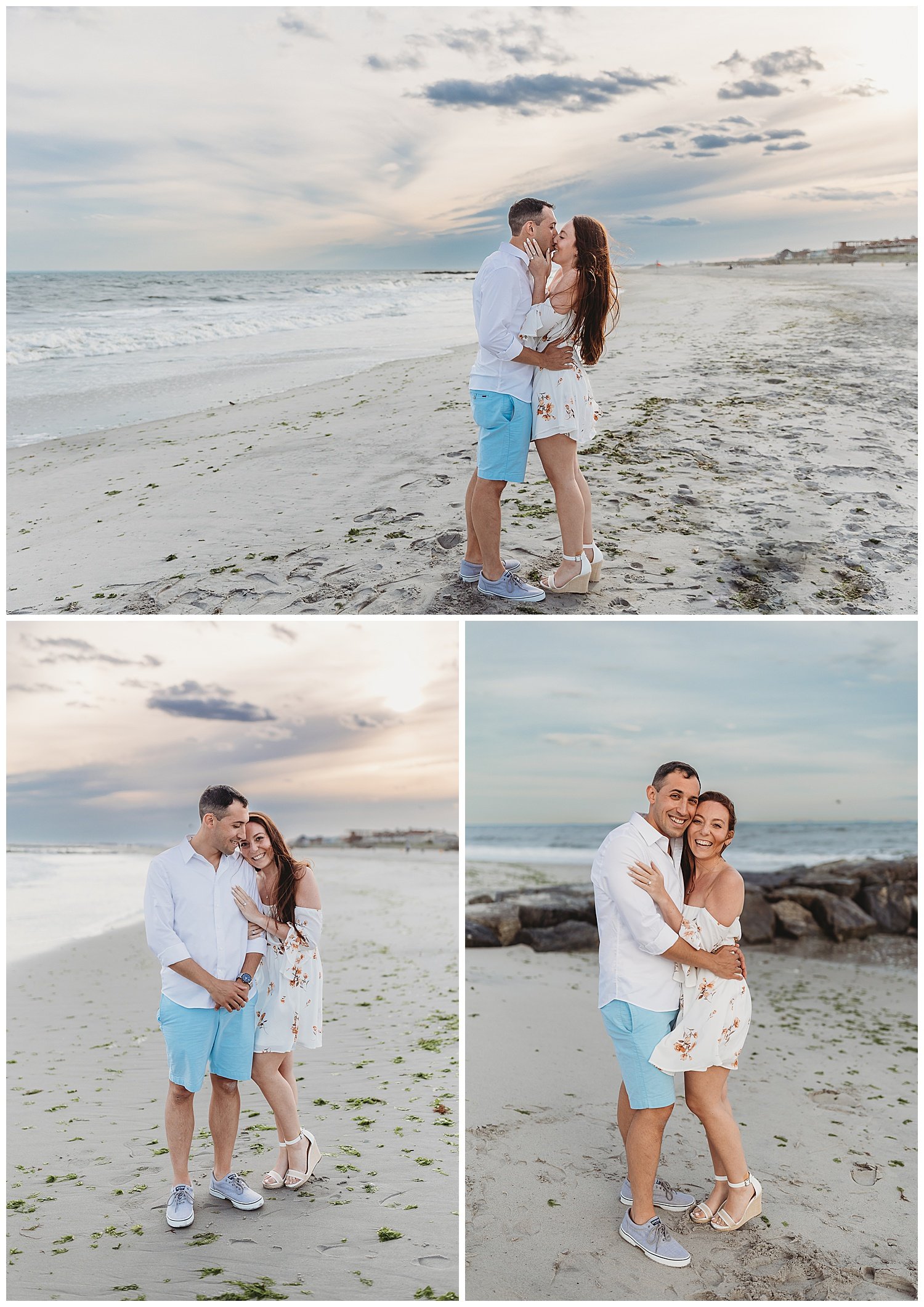 man in blue shorts and white shirt and girl in white floral dress kissing on Neptune beach at sunset right after getting engaged