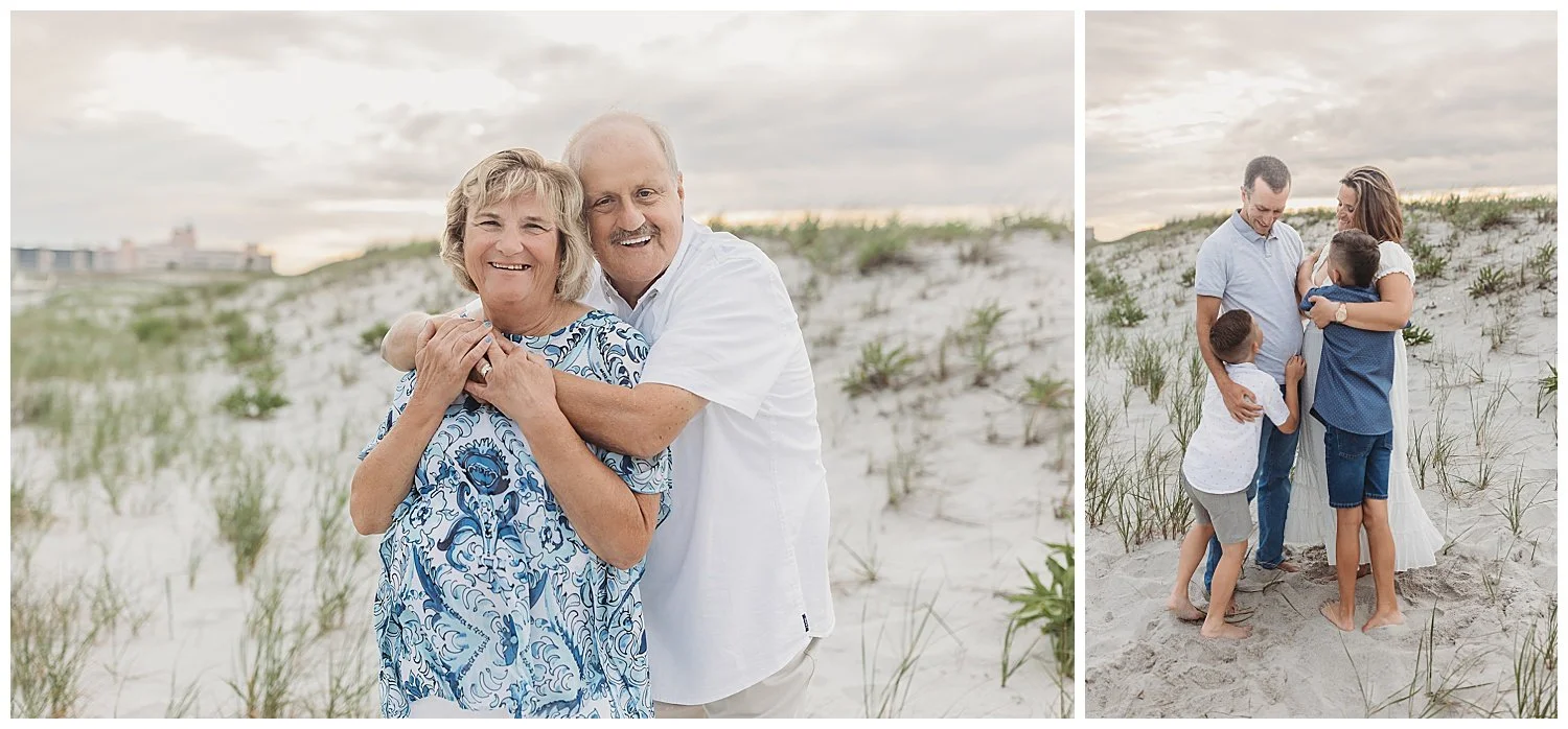 grandparents embraced while standing on a dune at sunset and family hugging in the dunes