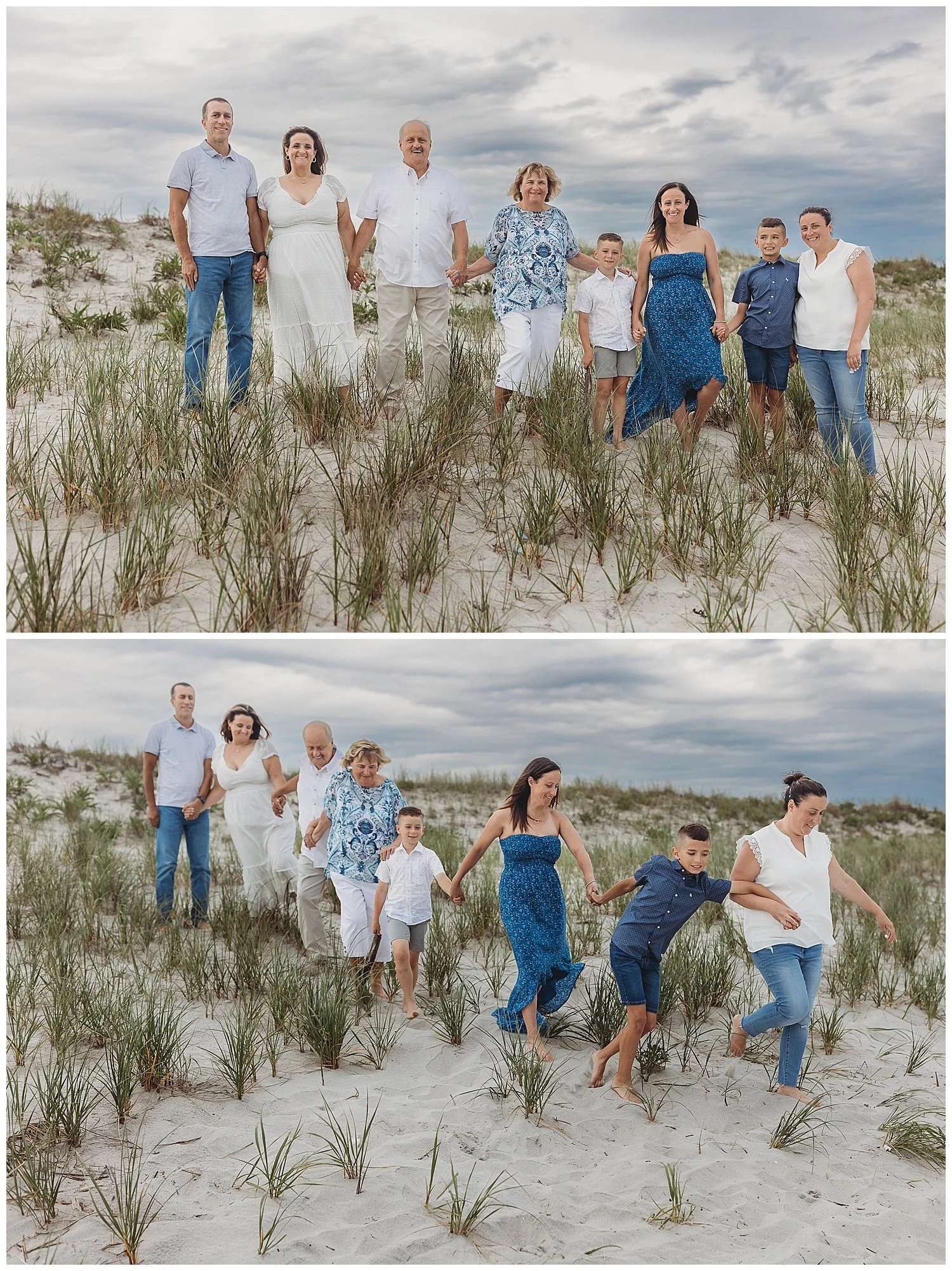 extended family holding hands while walking down a dune with grey cloudy skies behind them