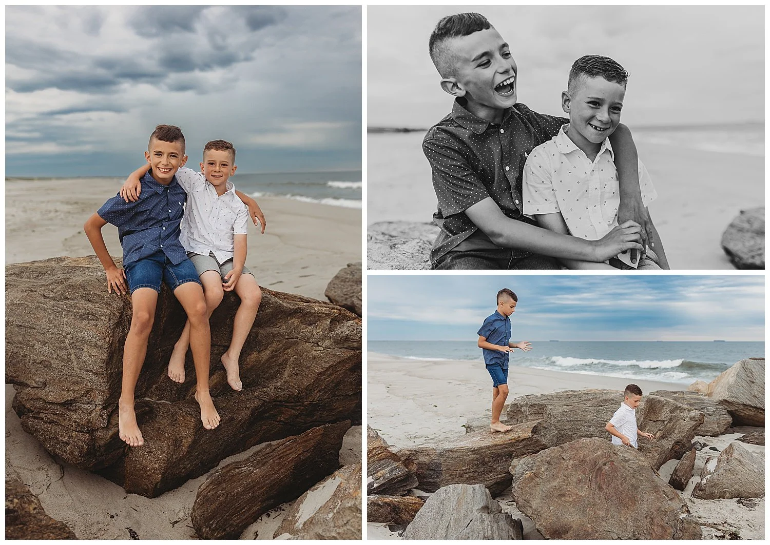 Sibling boys seated on a jetty with dark moody clouds behind then and climbing on the jetty with ocean waves behind them