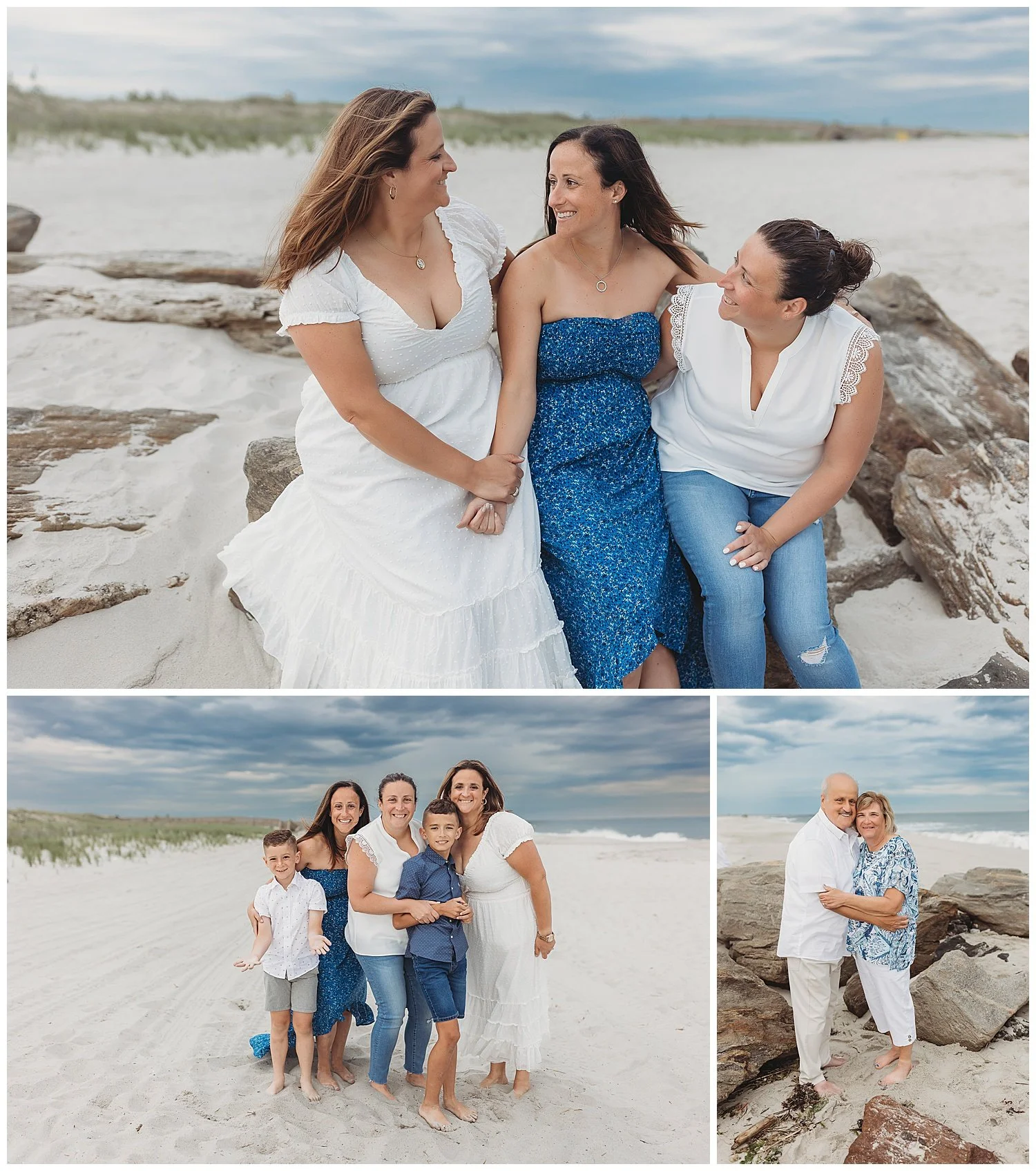 adult sisters dressed in blue and white holding hands while seated on a jetty on the beach and laughing