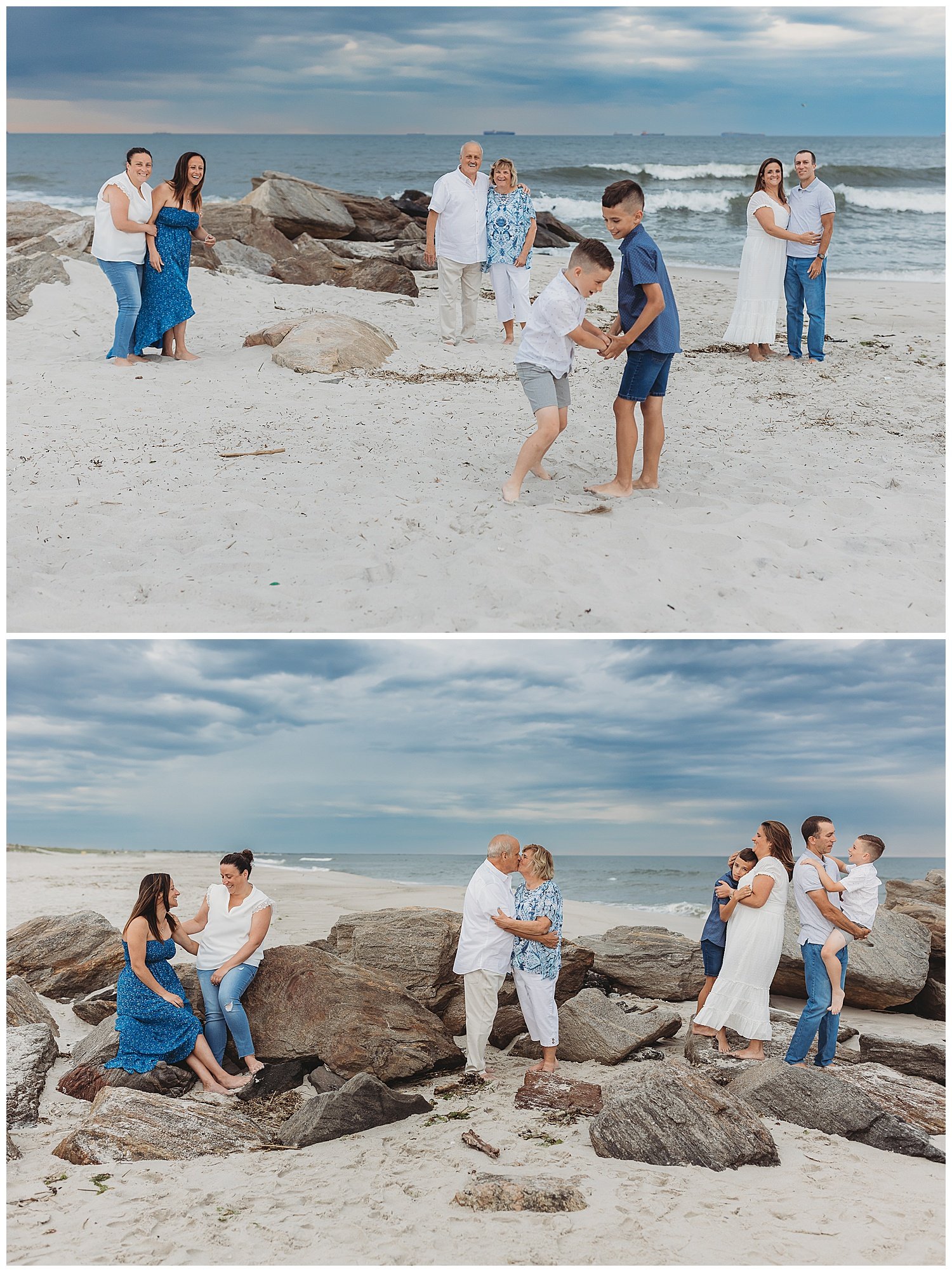 sibling boys twilring while the rest of the family watched in the background on the beach