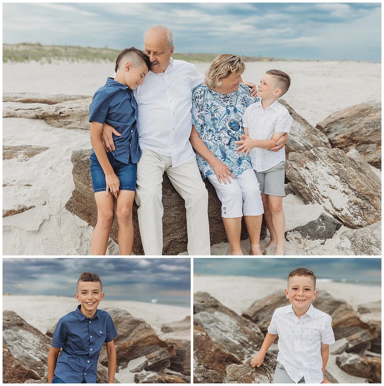 grandparents embracing grandsons on the beach while seated on a jetty