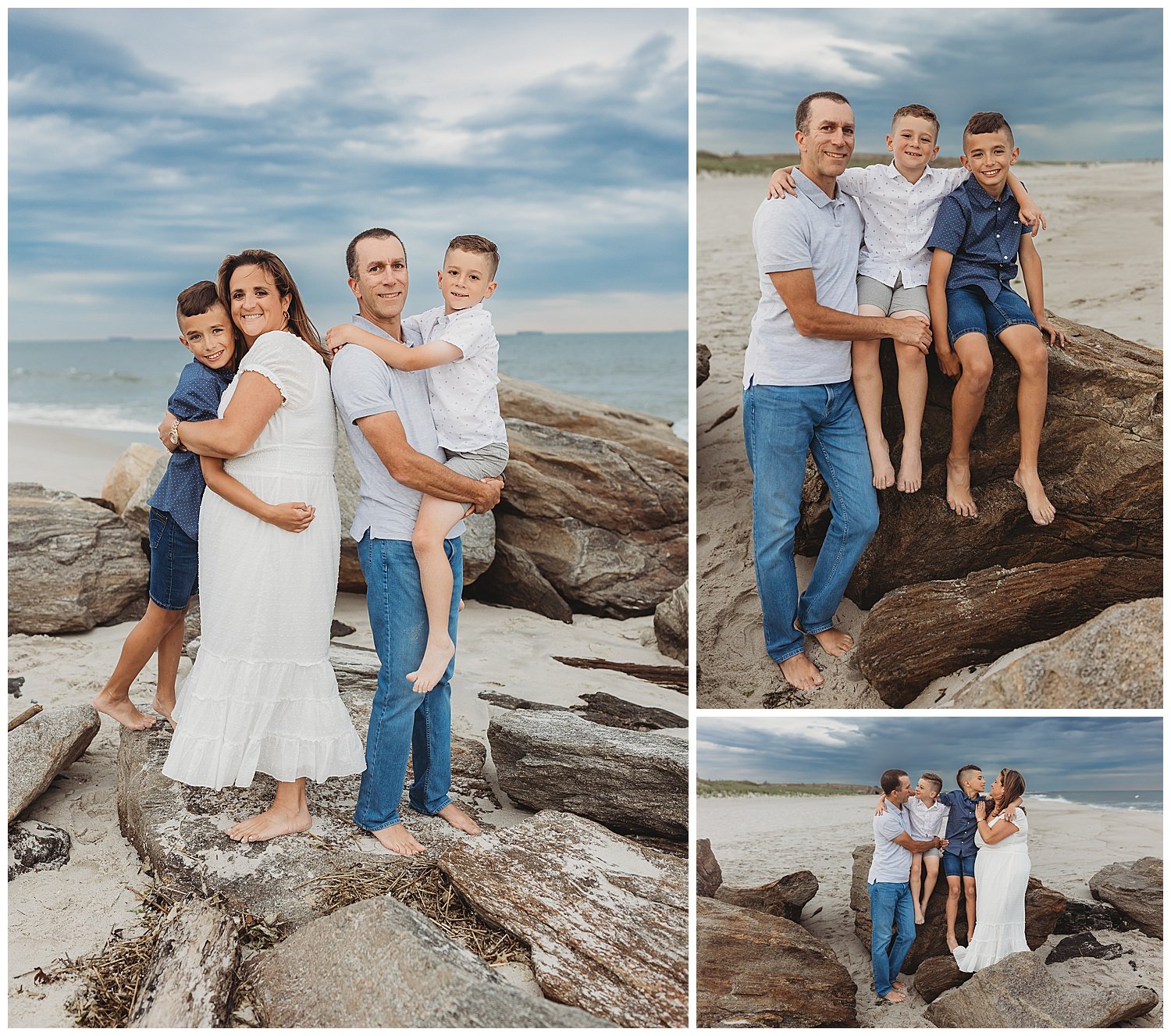 family dressed in white and blue with young boys embraced on a jetty with stormy clouds behind them