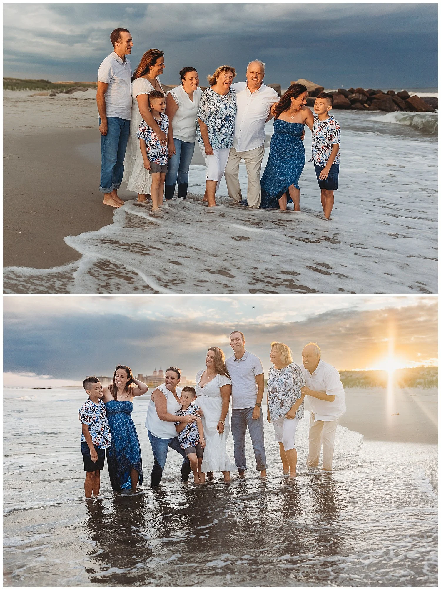 family embraced and laughing while ocean aves crash on them and the sun is beaming on them at sunset