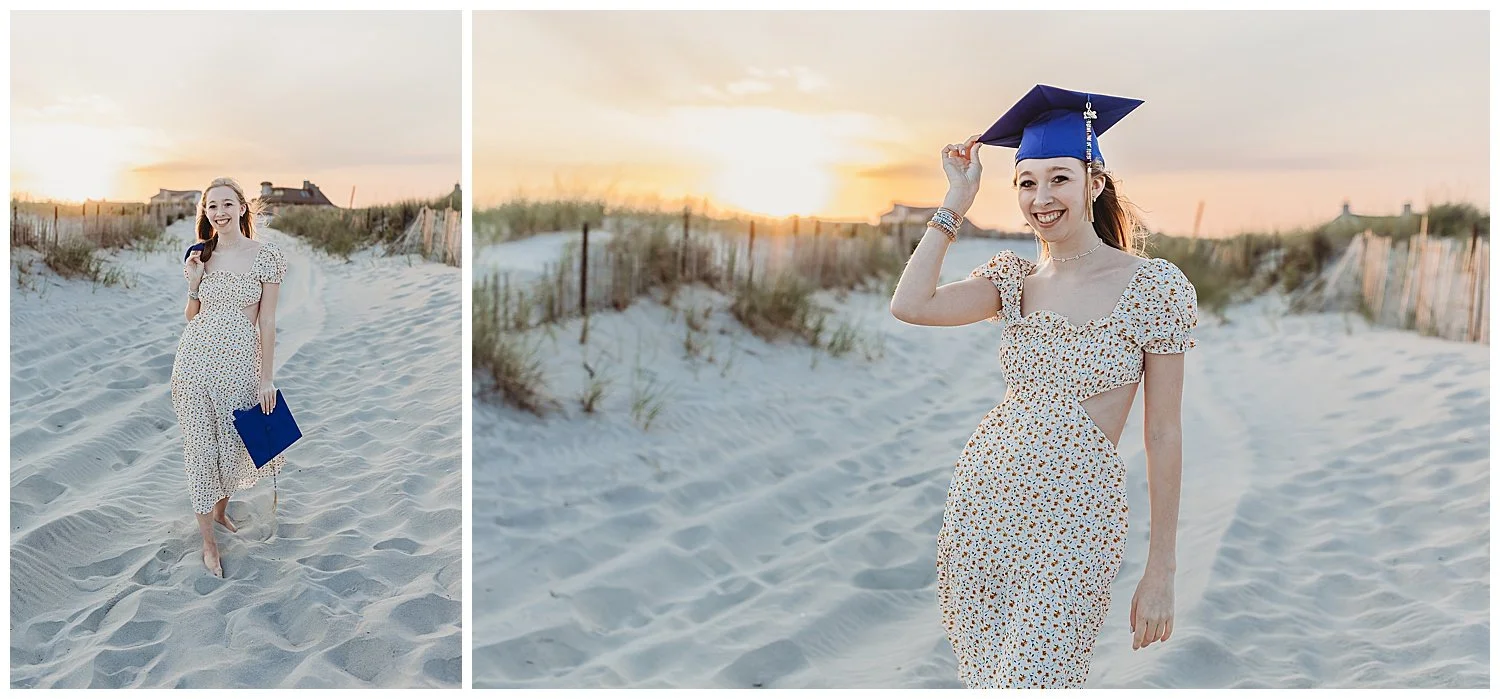 girl in sunflower urban outfitter dress with cut outs wearing a cap and gown with 2022 tassel on the beach at sunset