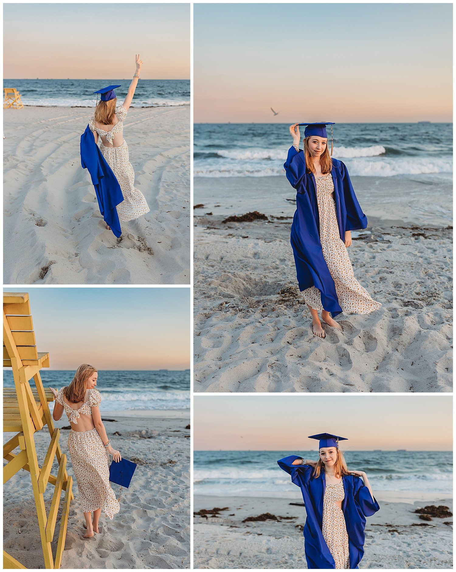 girl wearing blue cap and gown in front of the ocean on st augustine beach making a peace sign while a seagull flies overhead