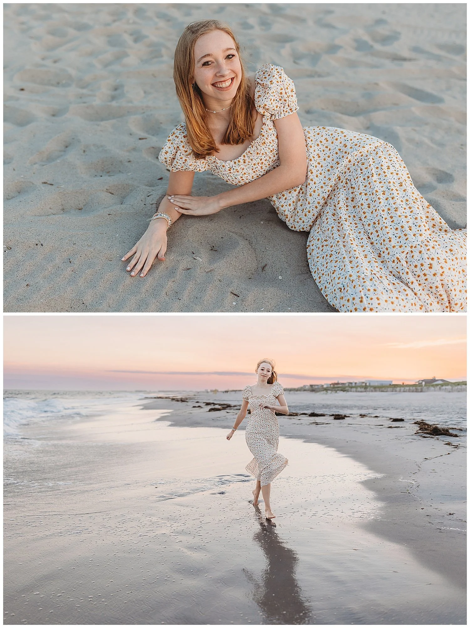 girl in sunflower dress running in the ocean at sunset with pink sky behind hr.