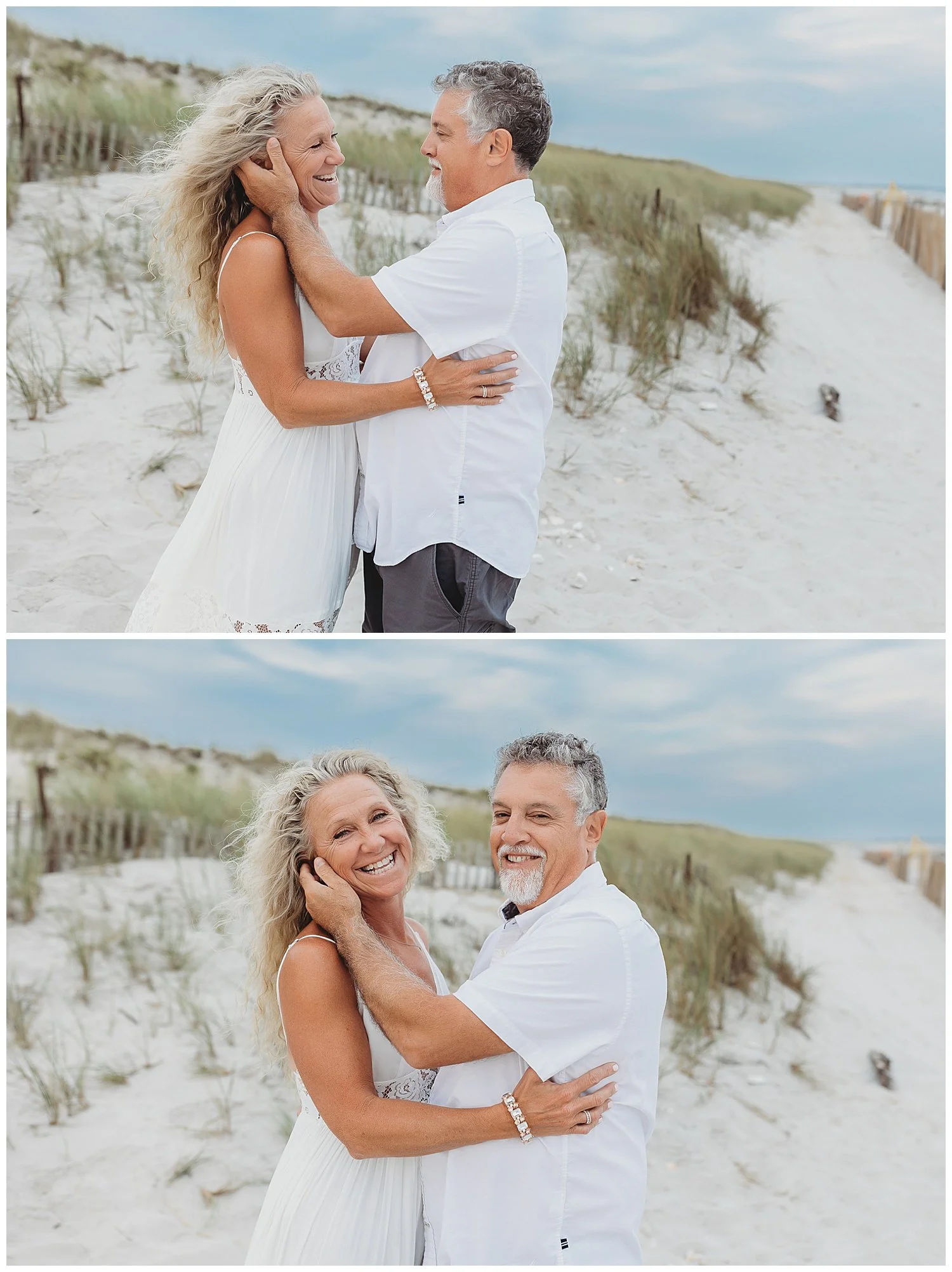 grandparents dressed in white embraced and looking at each other