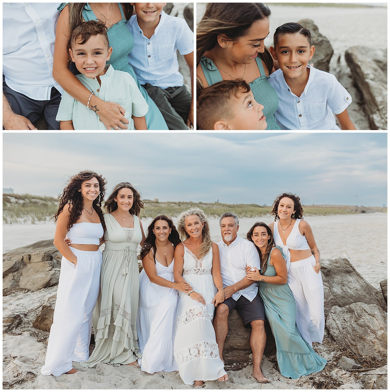 parents seated on jetty with adult daughters sitting next to them dressed in white and green