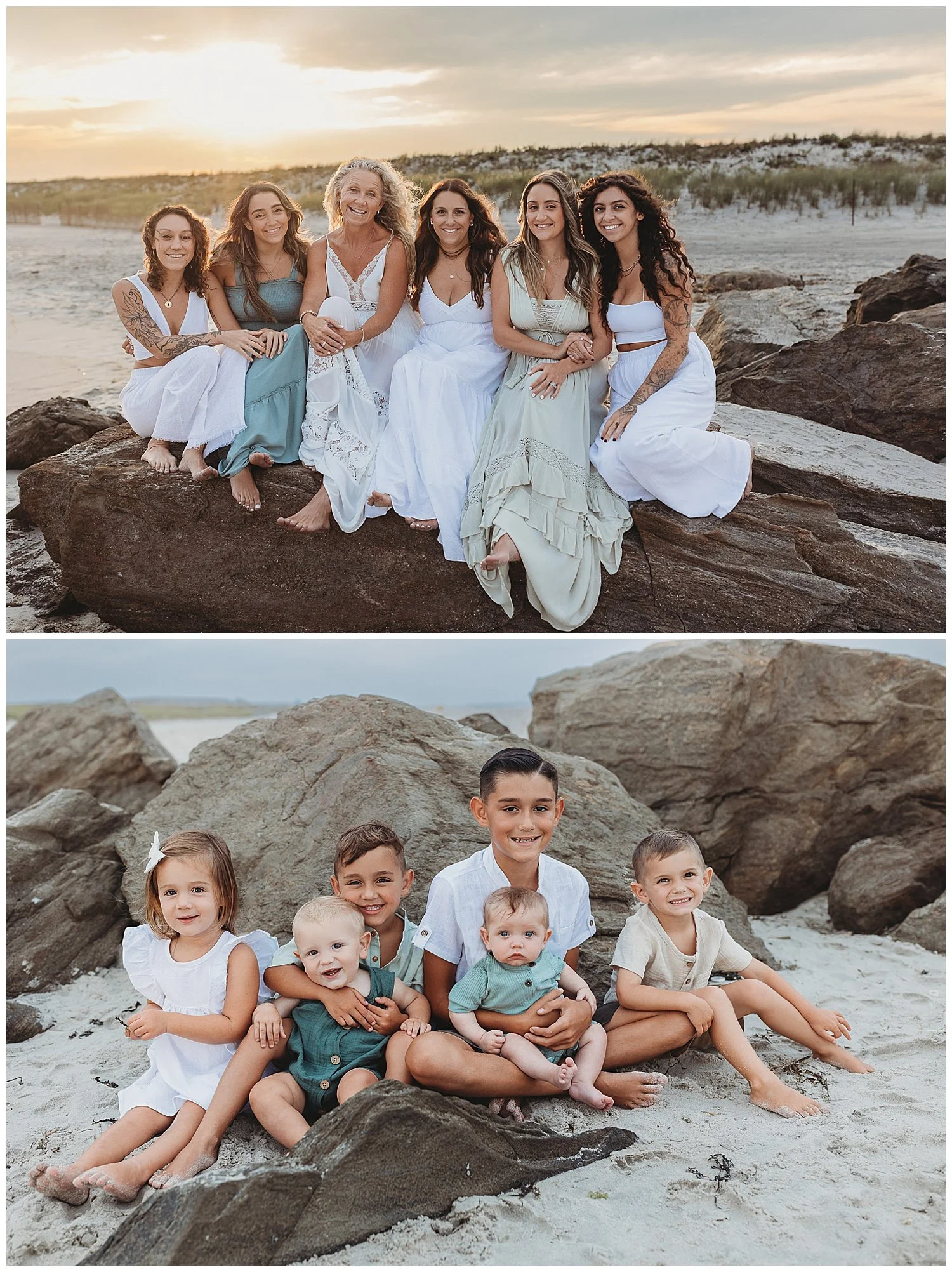mother with her adult daughters seated on a jetty at sunset