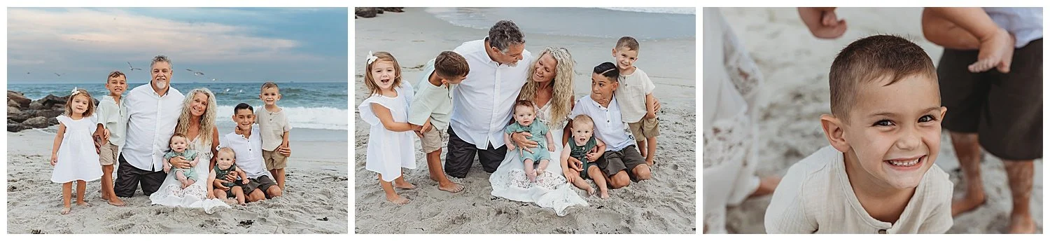 grandparents seated on the beach with grandchildren laughing