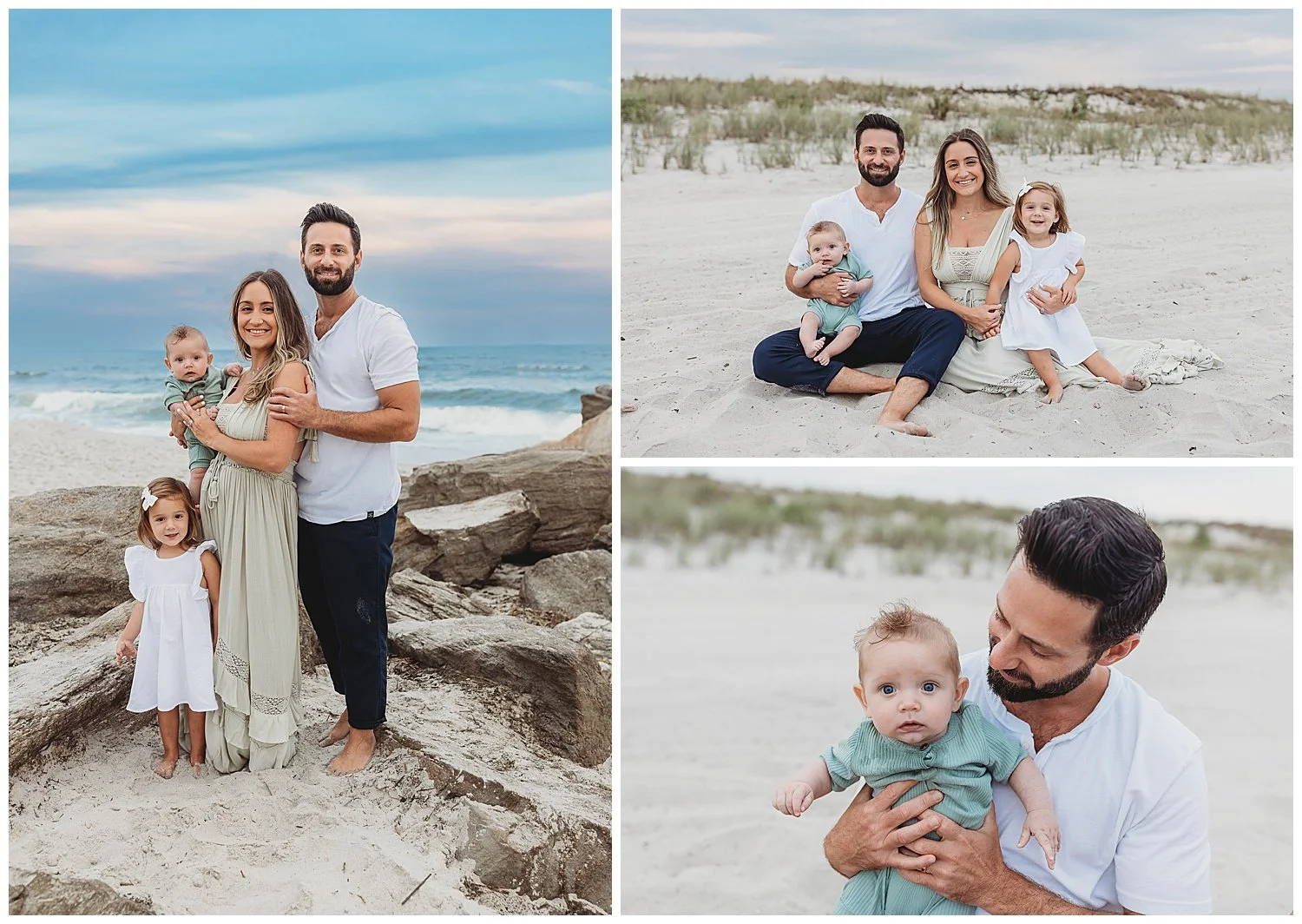 family with young baby boys dressed in green and white standing on a jetty with a blue and pink sky