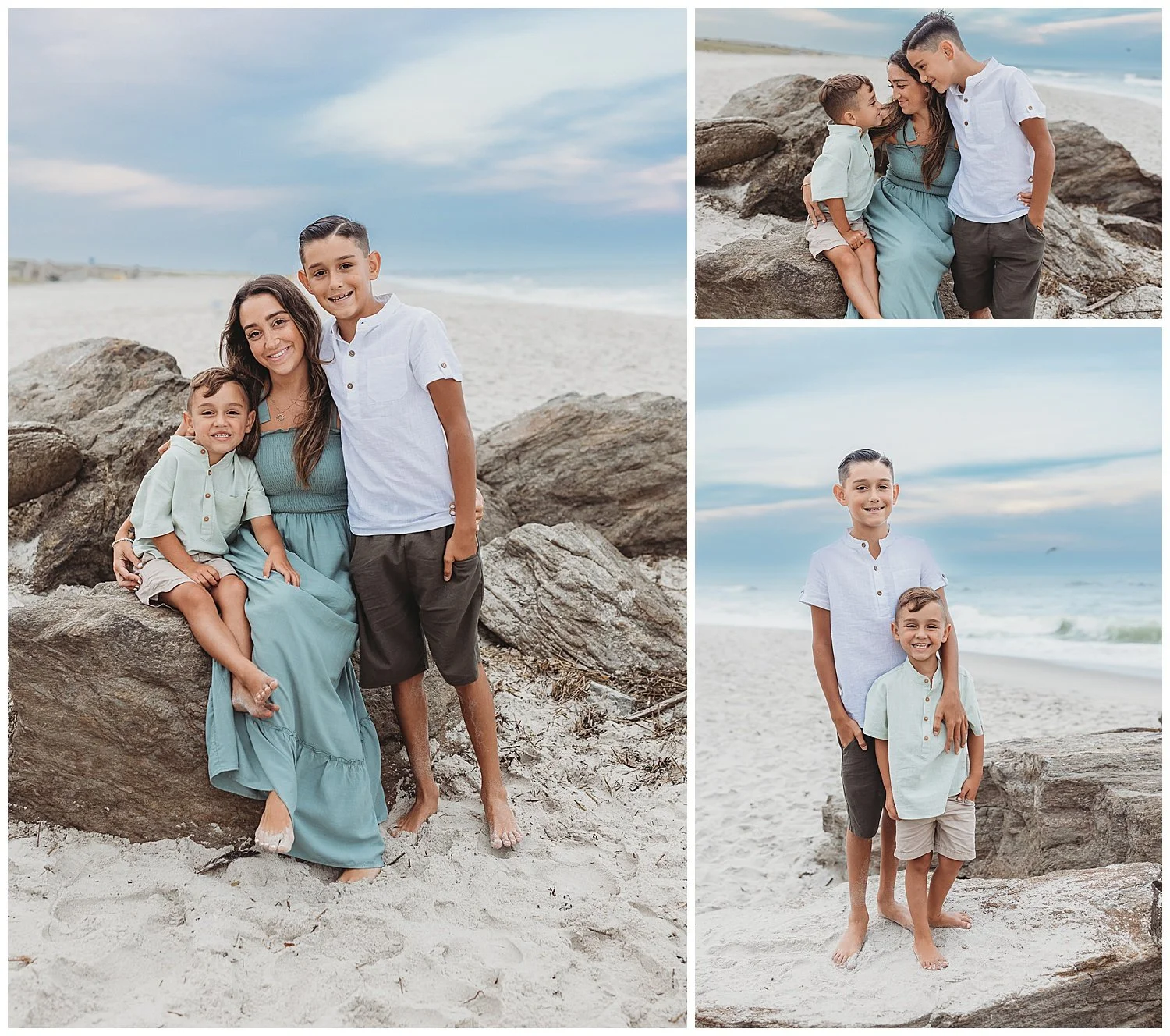 mother with her two sons embracing them whie seated on a jetty with a blue and pink sunset sky in background