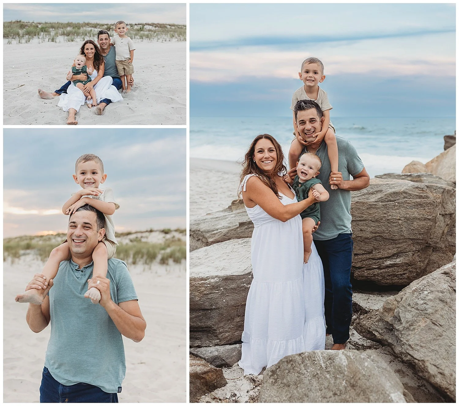 family standing on Villano beach  with children on a jetty laughing and little boy on dad's shoulders laughing