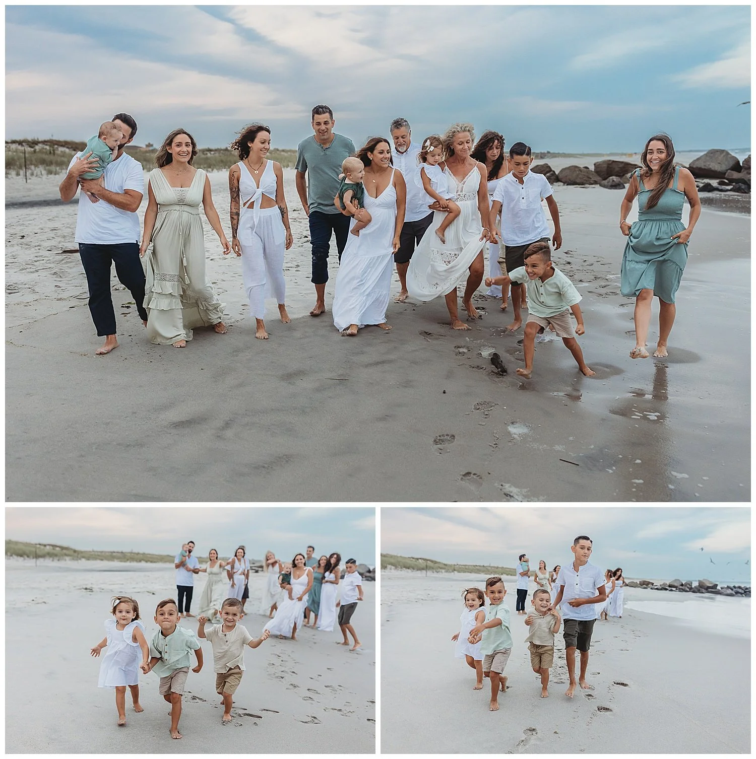 large family group walking down the beach and children running in front of them