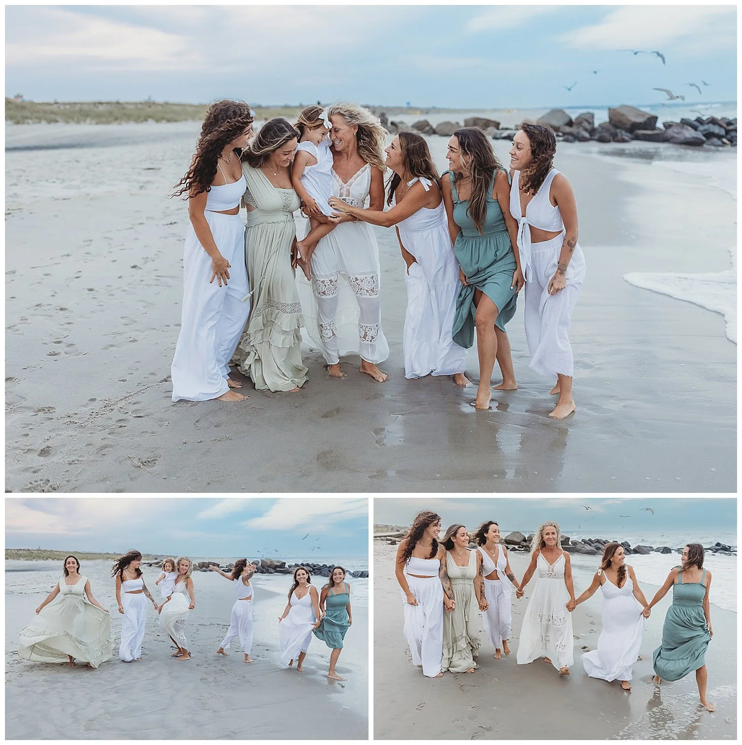 mother and adult daughters hugging tightly on the ocean's edge with little granddaughter in white