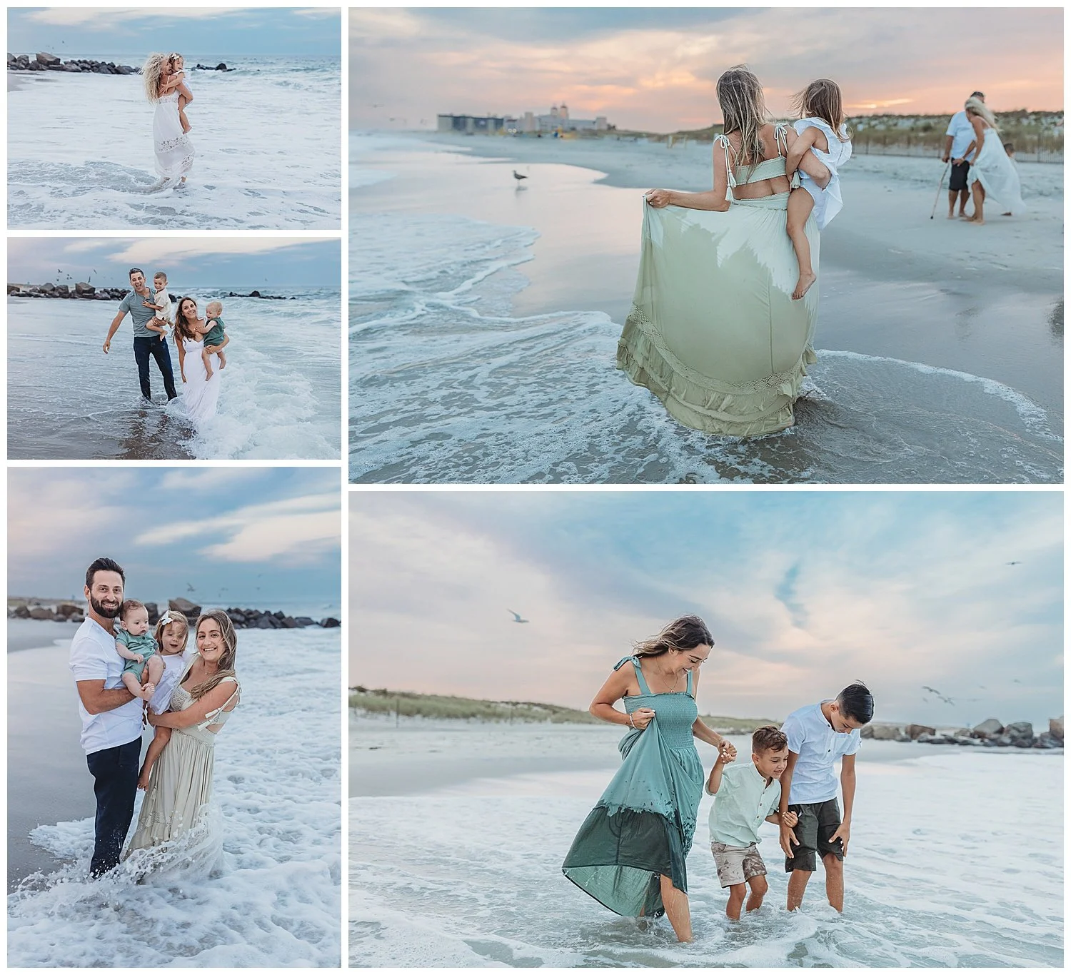 family jumping in the ocean waves at sunset