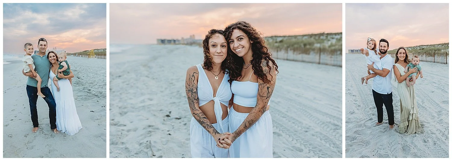 adult sisters in white with curly hair holding hands with a glowing orange and pink sky behind them