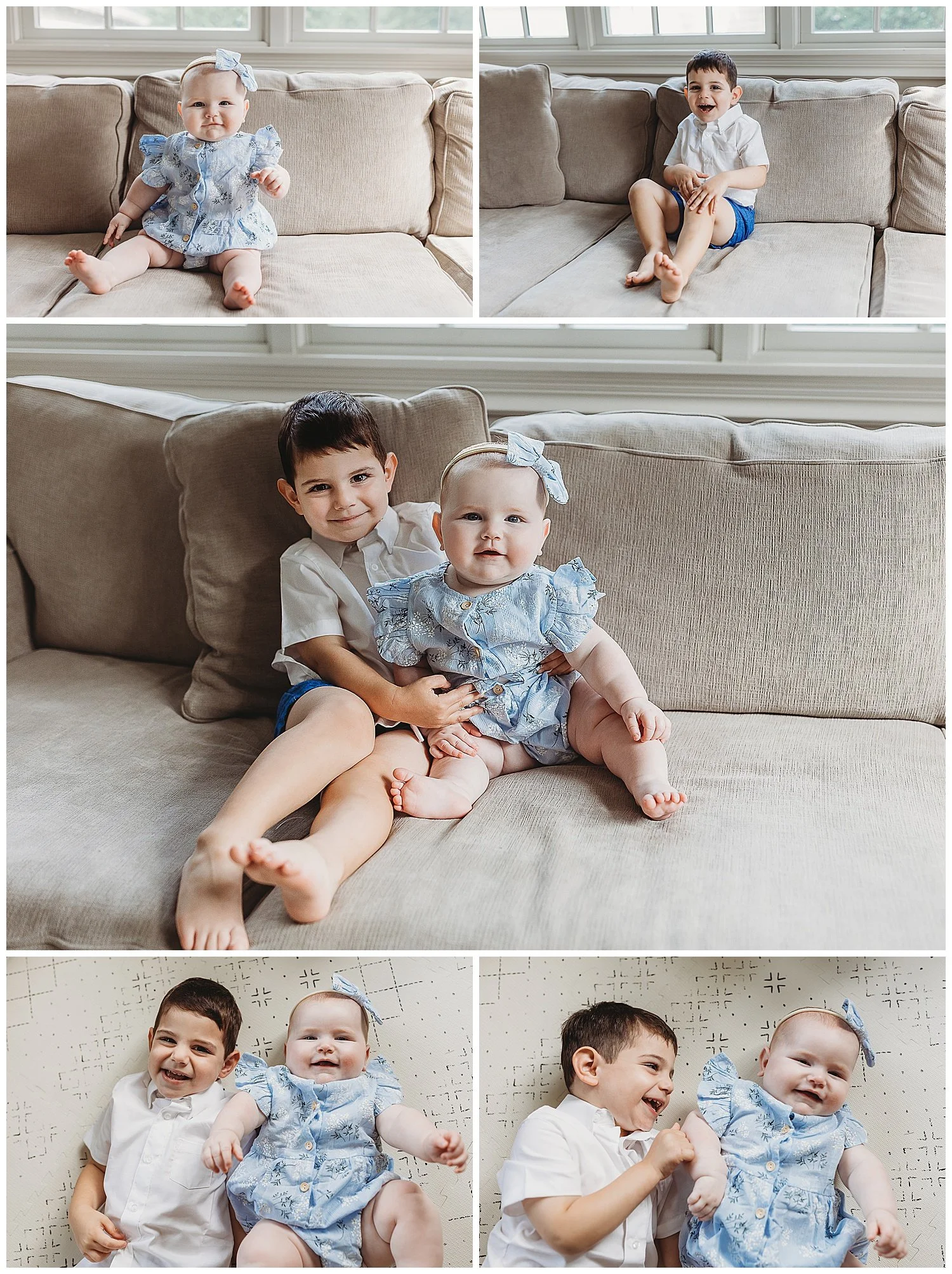 toddler boy and baby girl sitting on a couch laughing