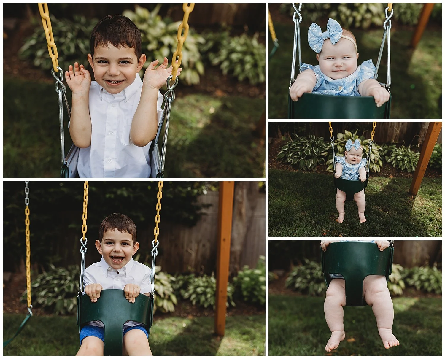 children in their Jacksonville backyard dressed in blue outfits swinging on a swing set laughing