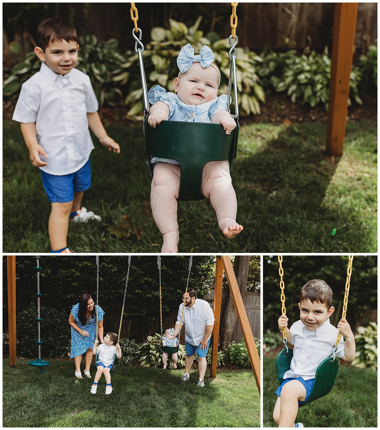 toddler boy pusing baby sister on a swing in their Neptune beach  backyard