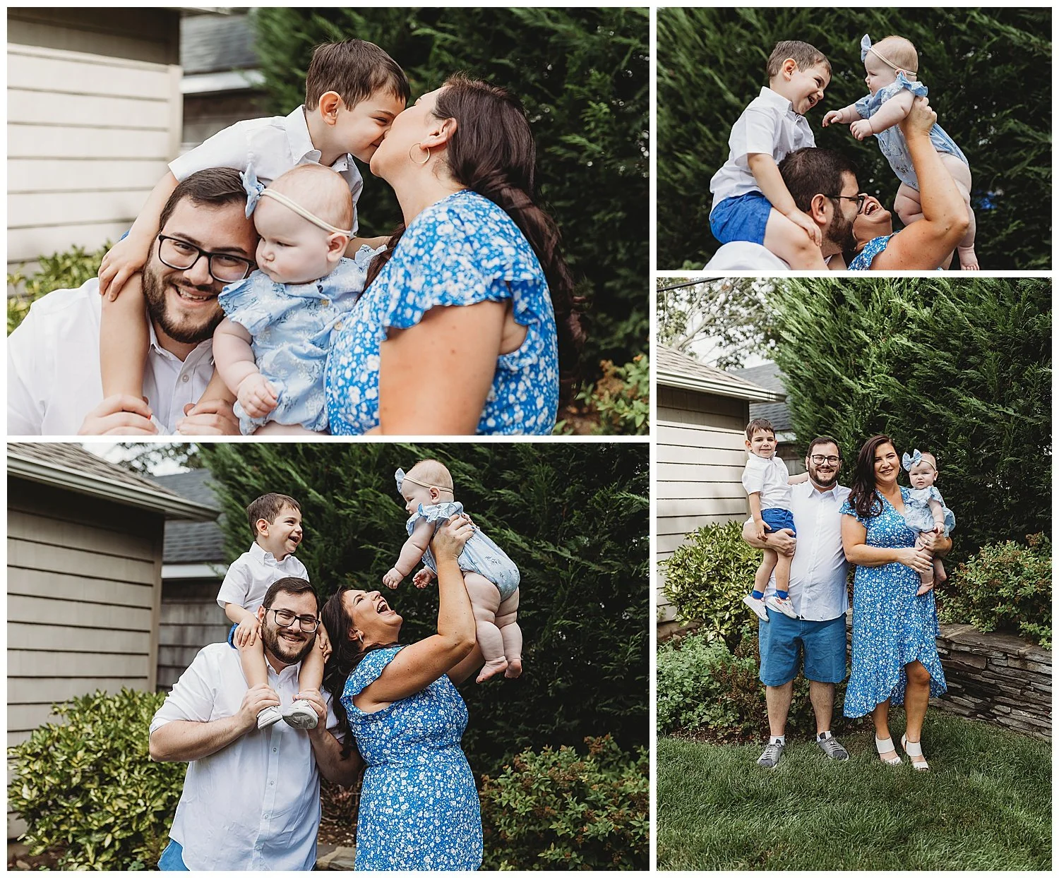 family dressed in blue and white in their yard in north eastern florida