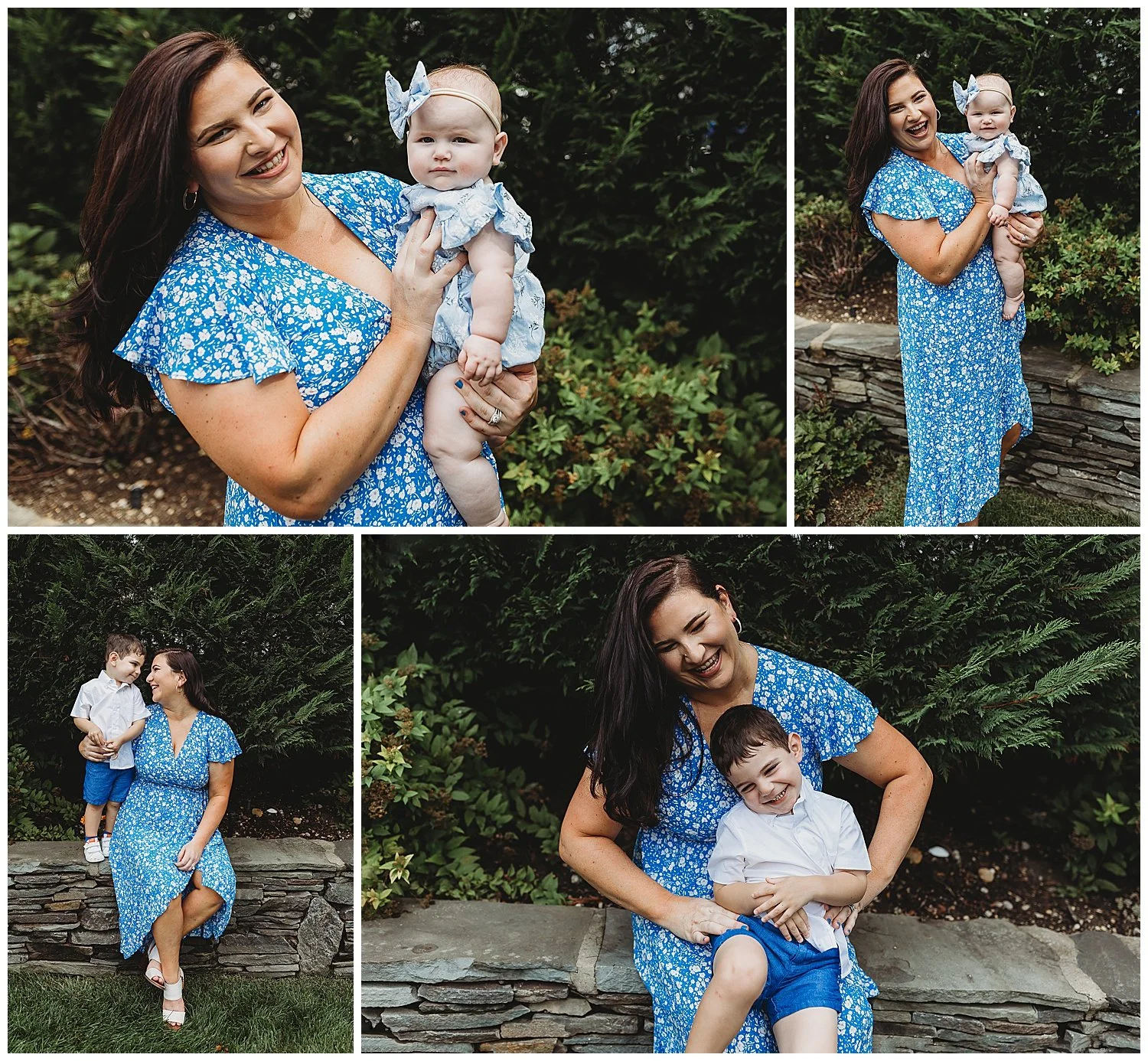 mother dressed in blue wrap dress holding baby girl in blue romper laughing