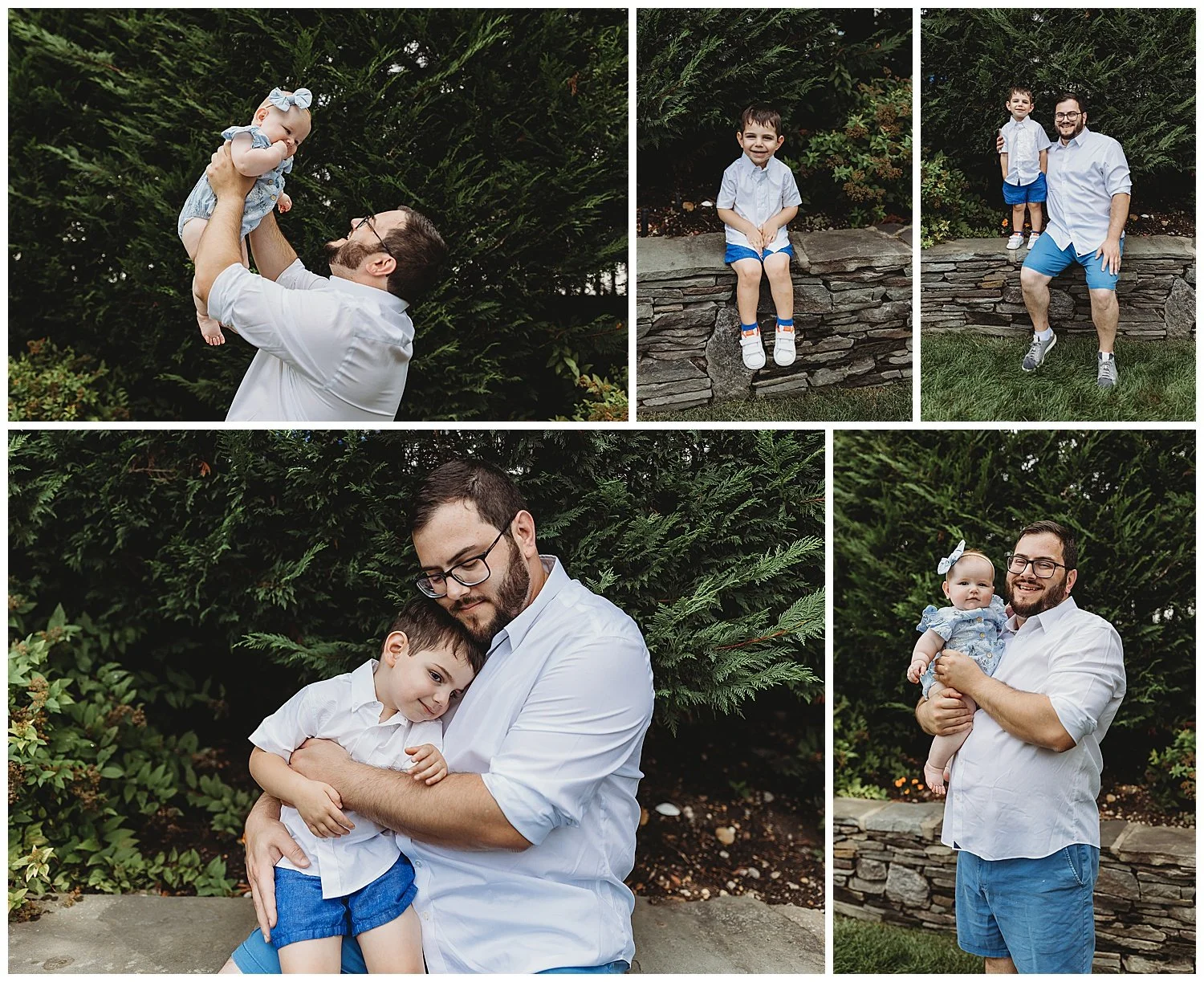Dad hugging toddler boy on his lap in their yard in Atlantic beach