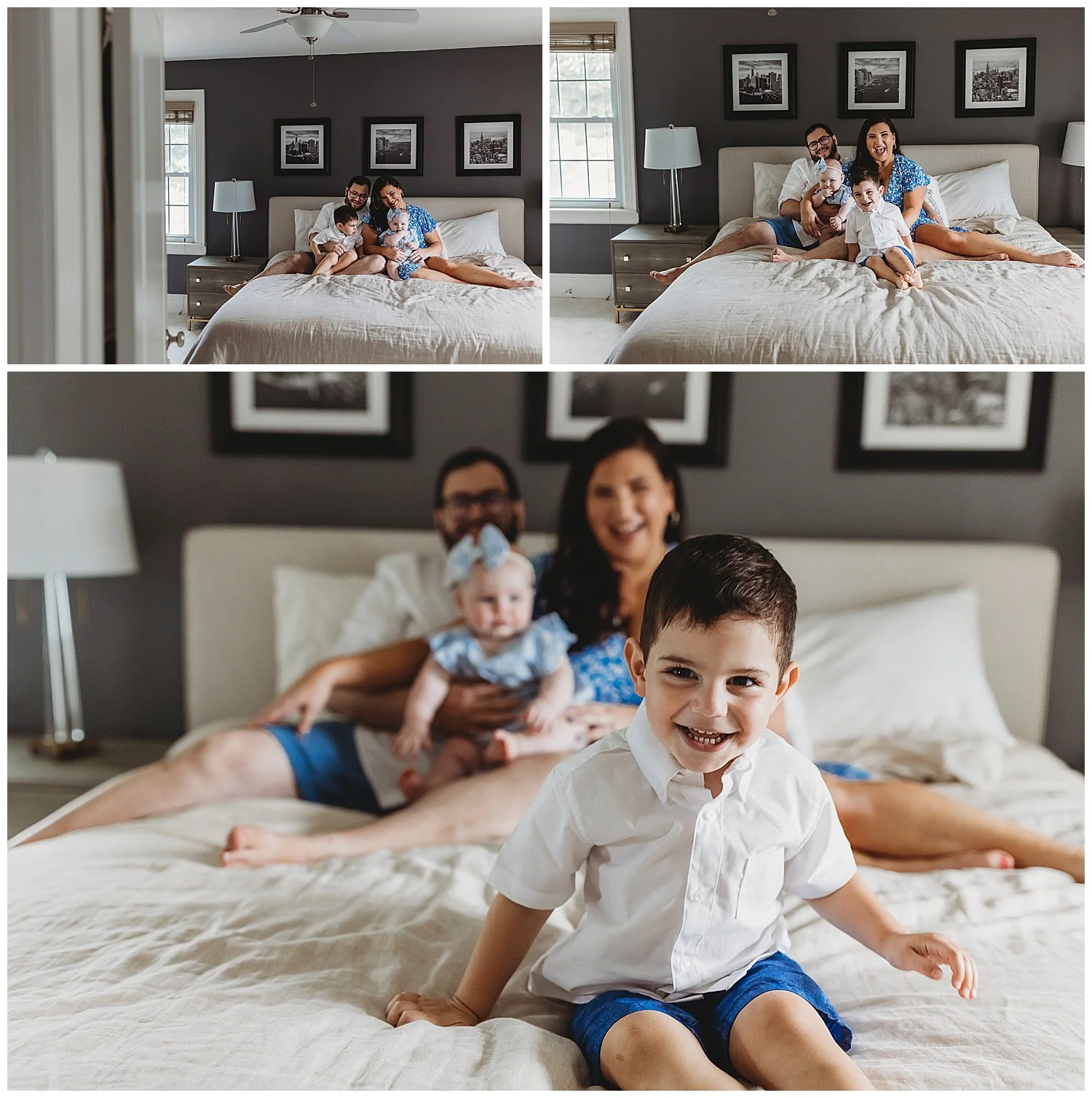 toddler boy jumping on a bed and family watching him and laughing