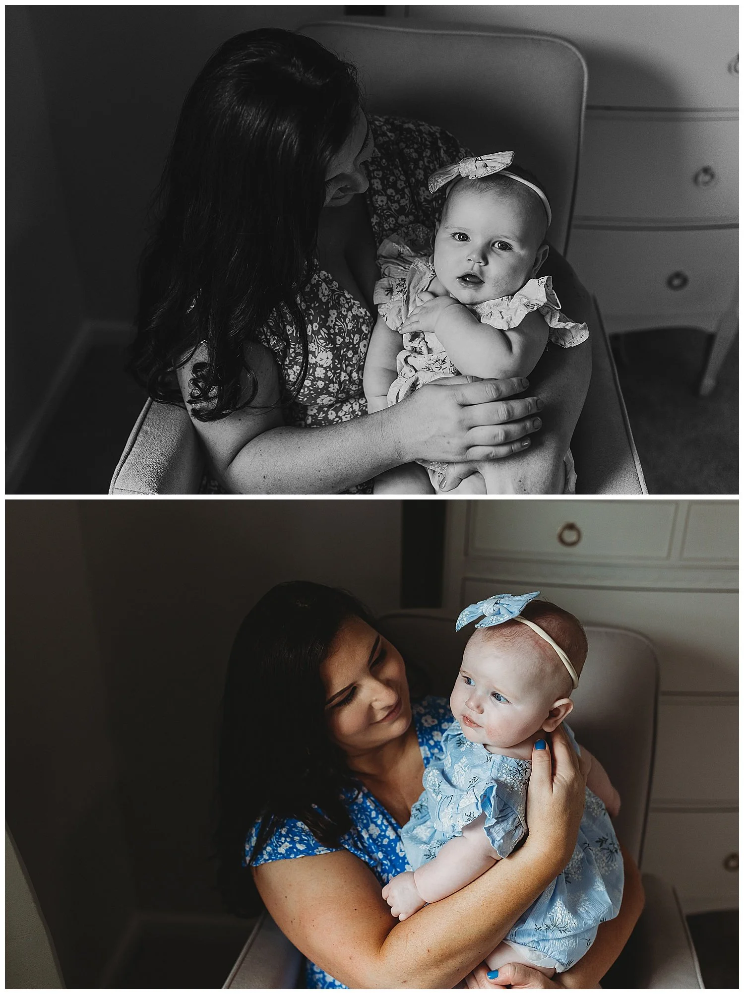 mother in a nursery in her Neptune beach home and she is seated on a glider with her baby girl on her lap