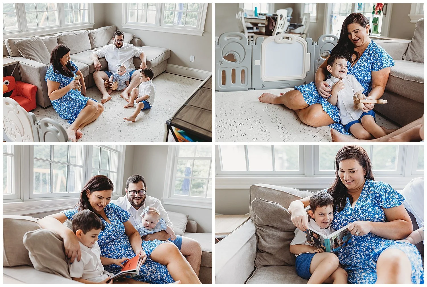 family in a playroom with their children reading a book and playing with toys