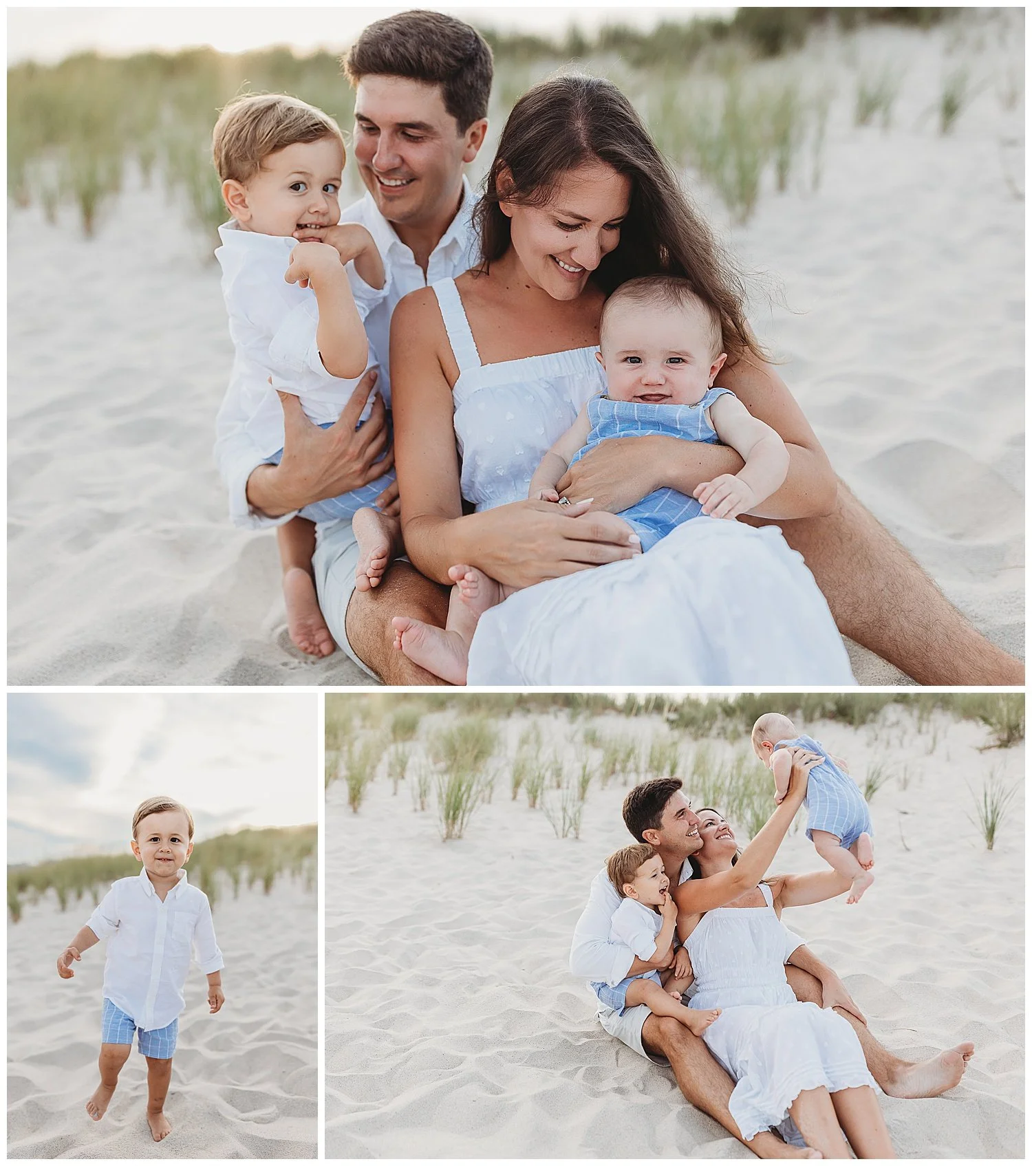 family laughing while seated on the beach playing with a baby boy dressed in blue