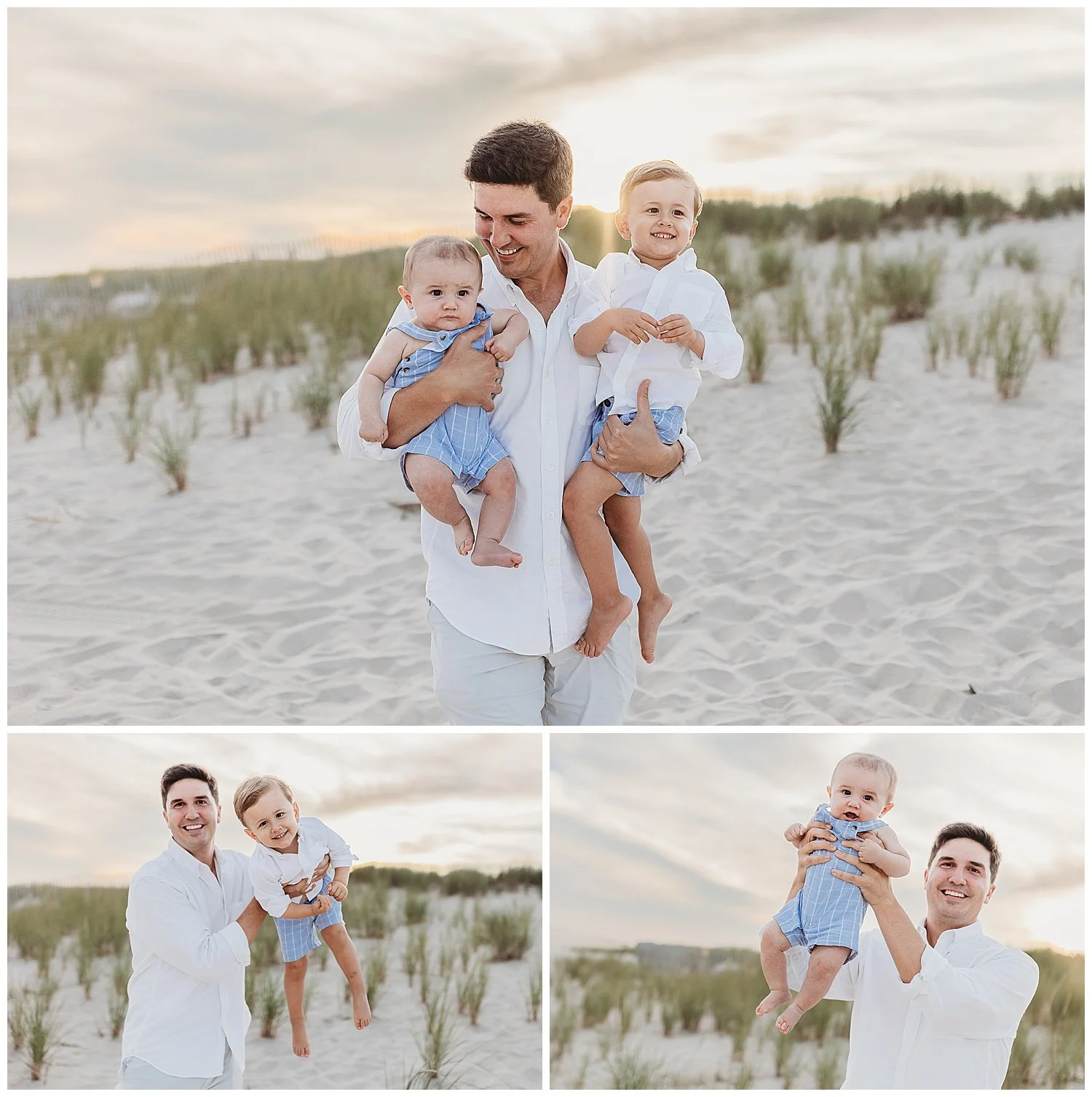 dad running and holding both boys in the sunset at the beach and the children are laughing