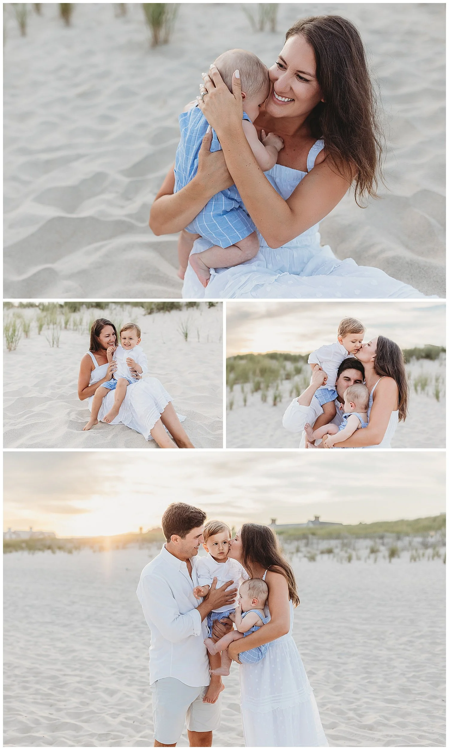 mother dressed i white seated on the beach embracing her baby boy and smiling