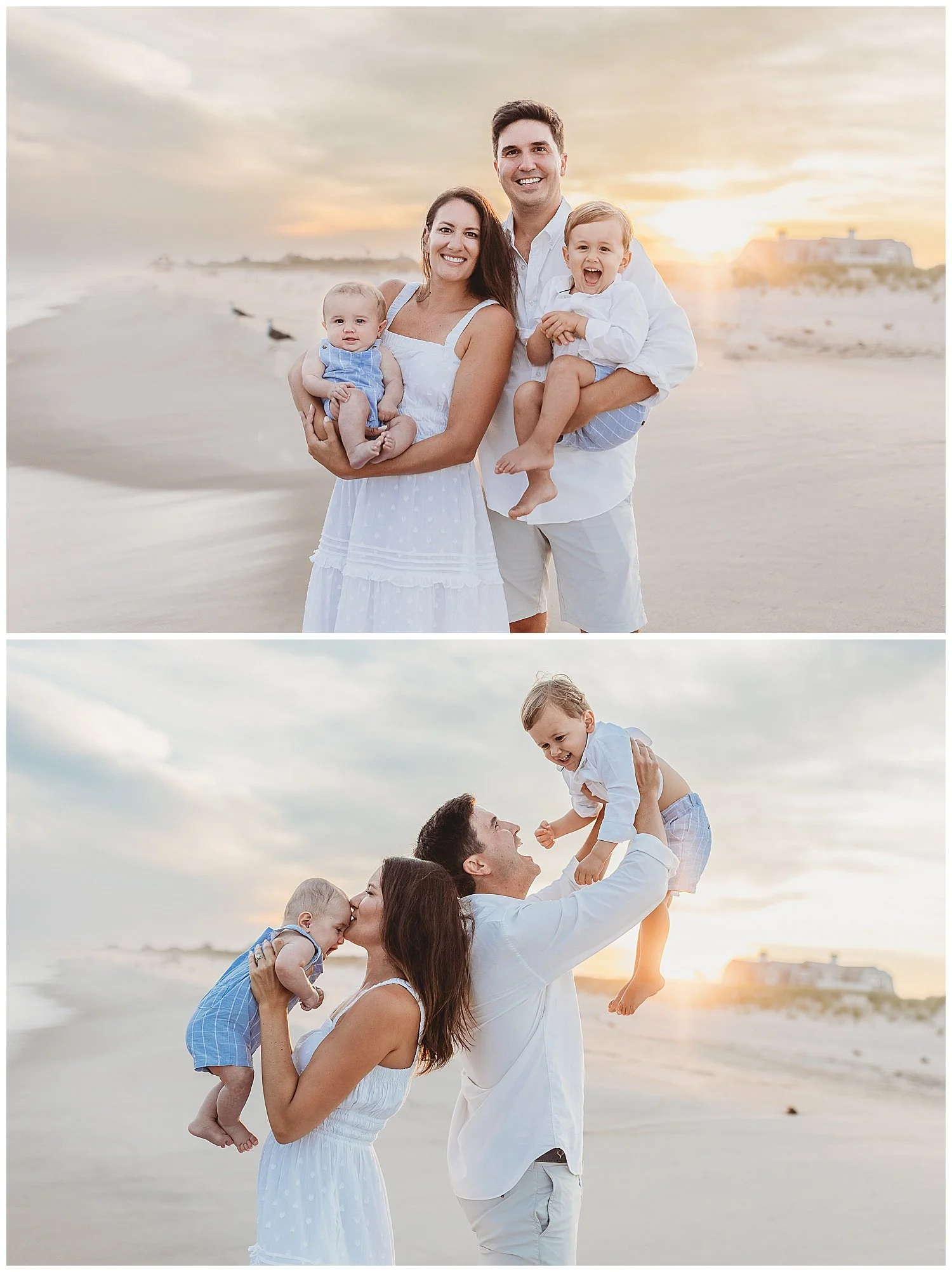 family on the beach at sunset lifting kids in the air and laughing