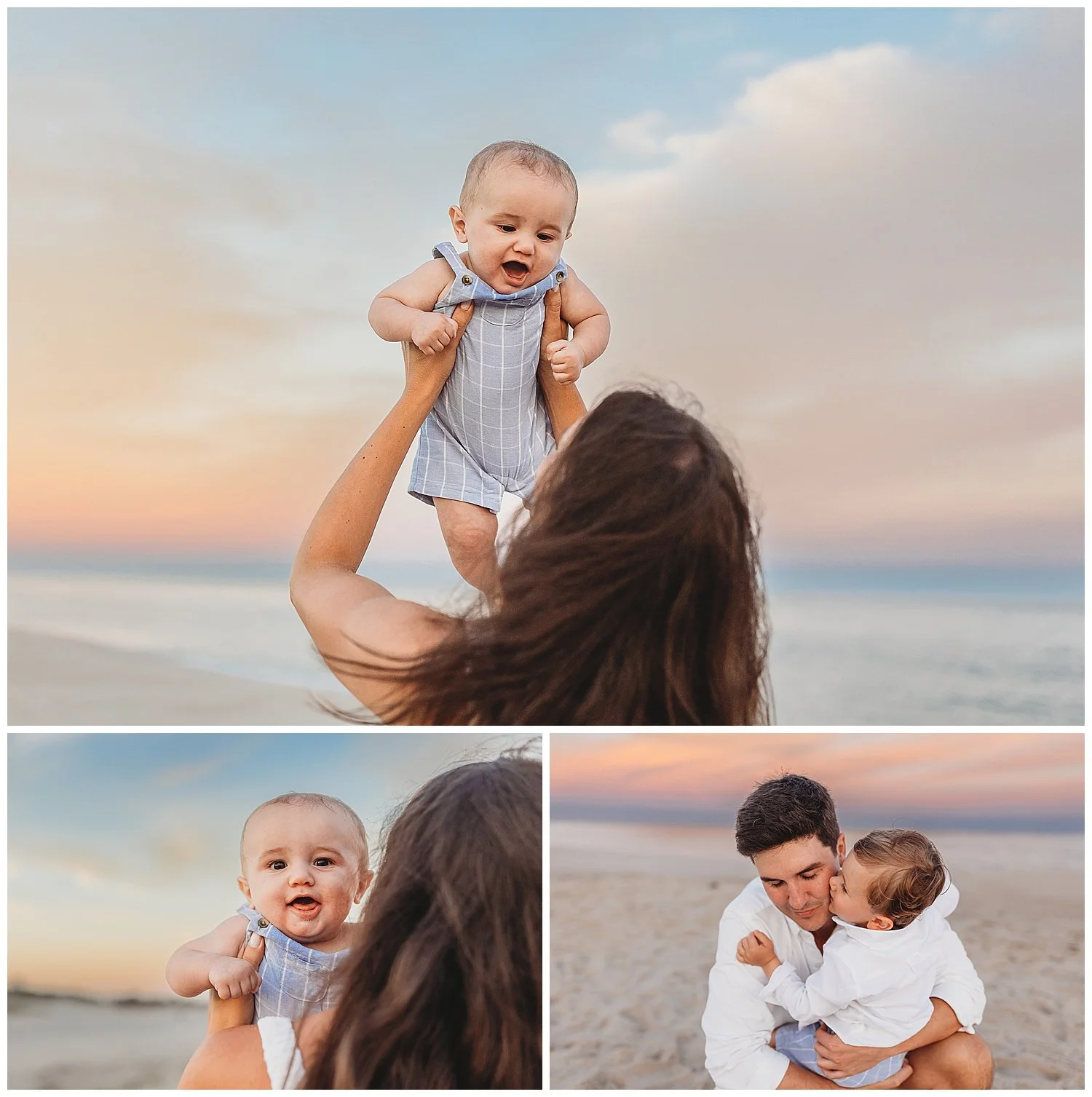 mom lifting baby boy in the sky and the sky is pink and ble from the sunset