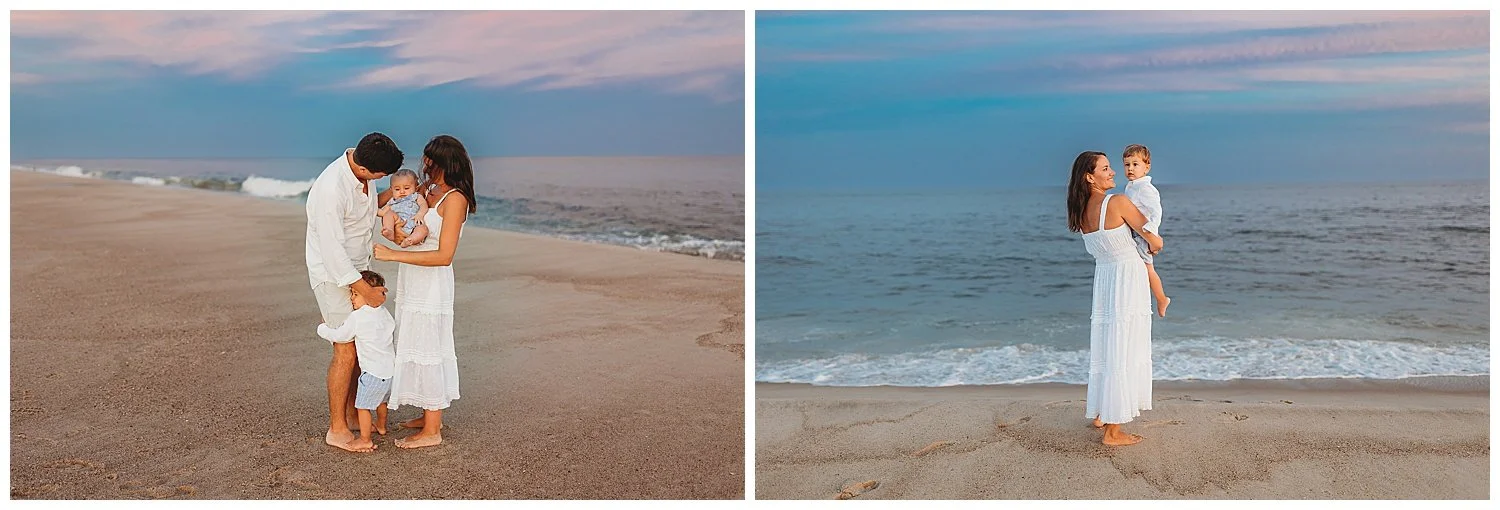 mom holding toddler son at blue hour on the beach