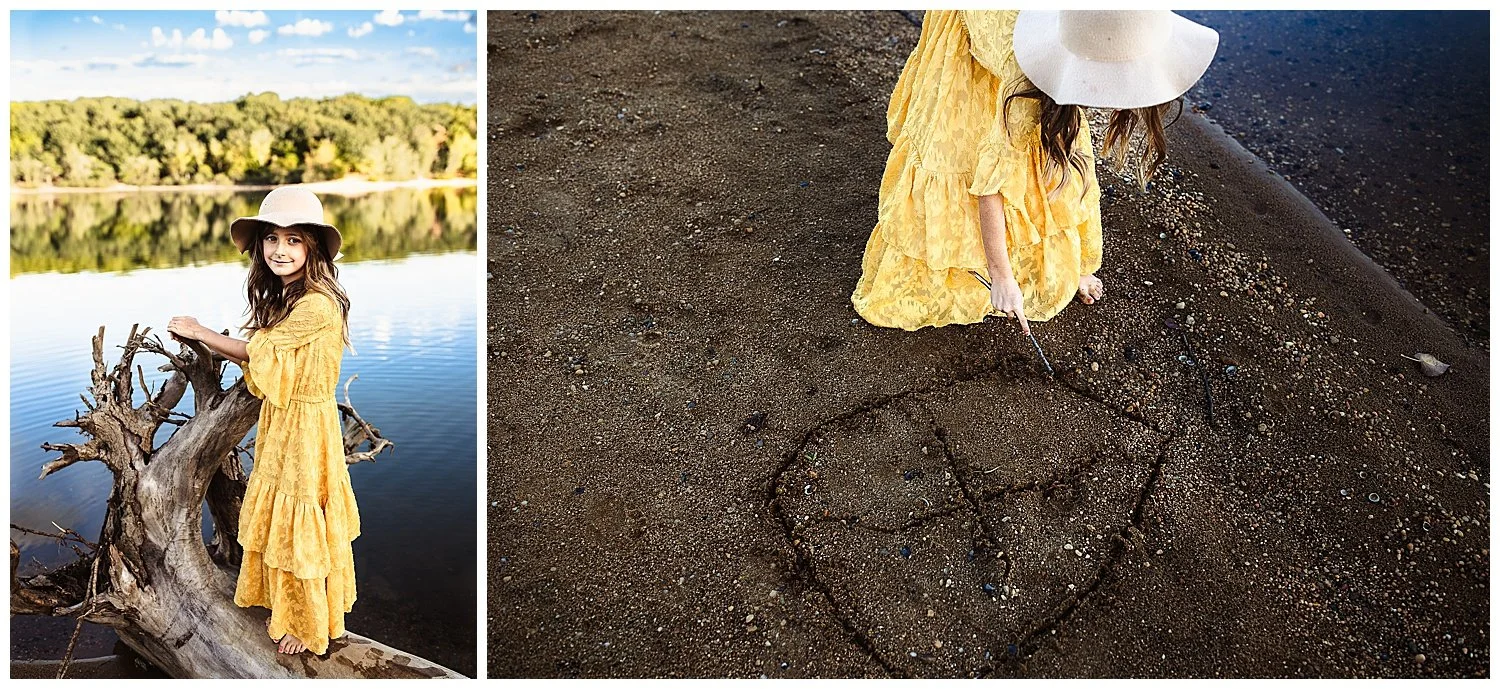 girl drawing in the sand in a yellow Joyfolie gown