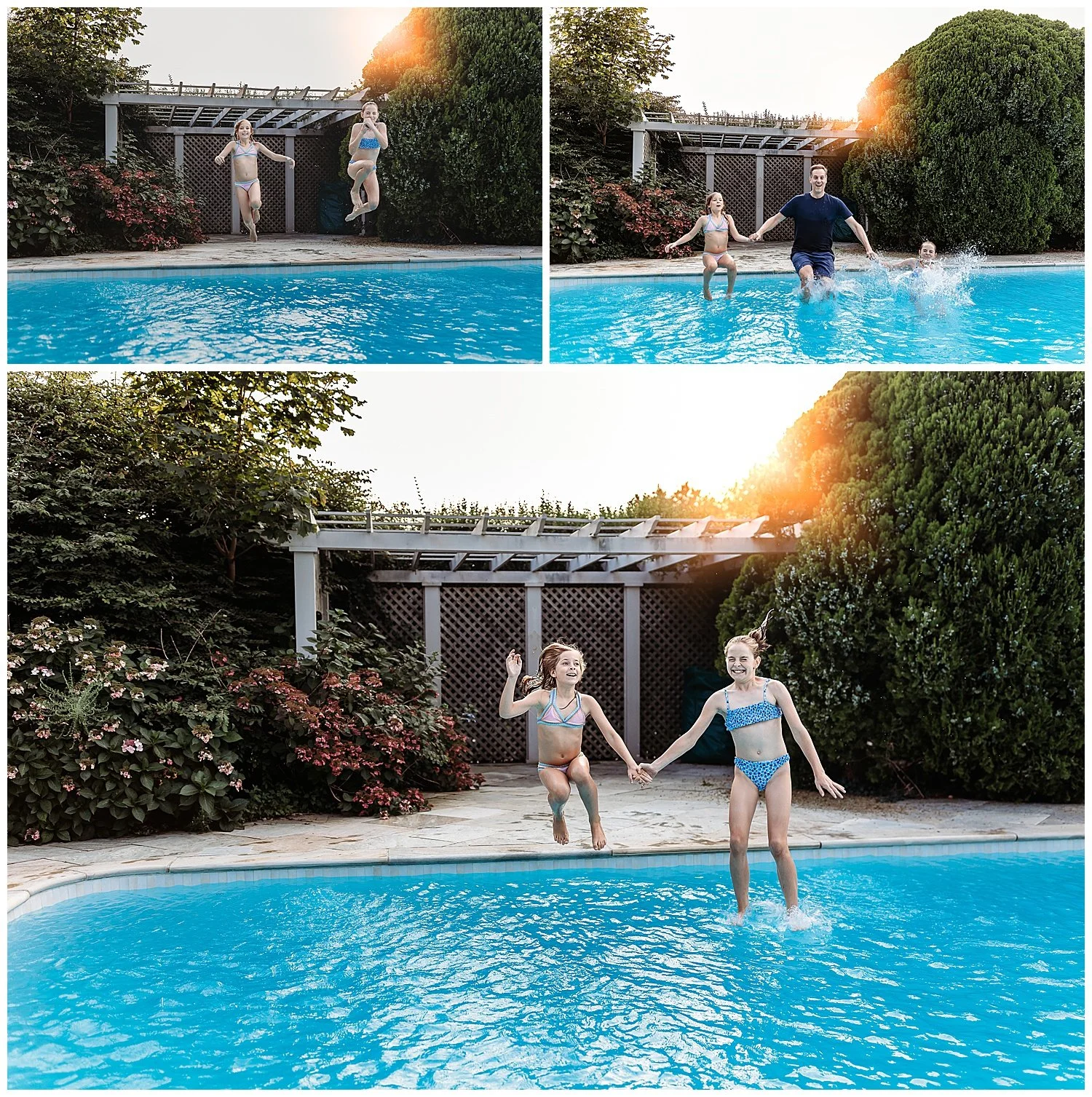 Children playing near a backyard pool during a relaxed lifestyle family session in Jacksonville Florida